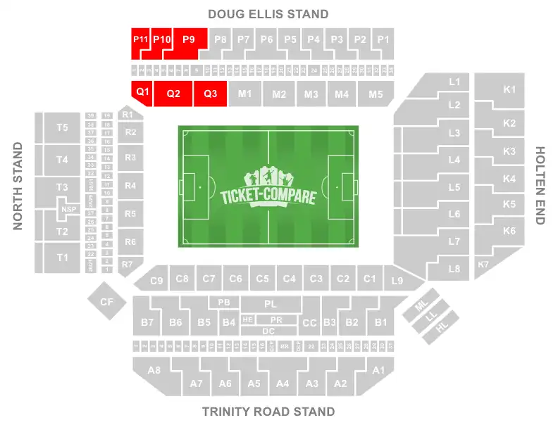 Villa Park Seating Plan with Away sections highligted