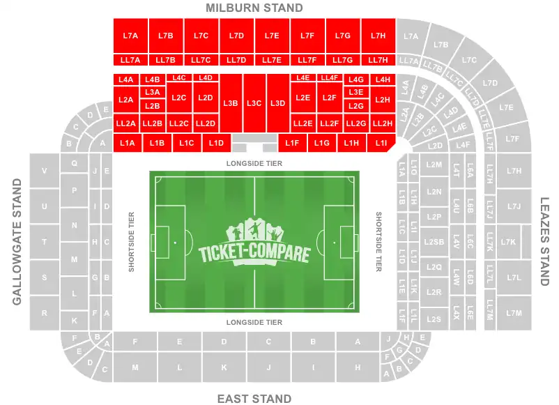 St James' Park Stadium Seating Plan with Milburn Stand highlighted