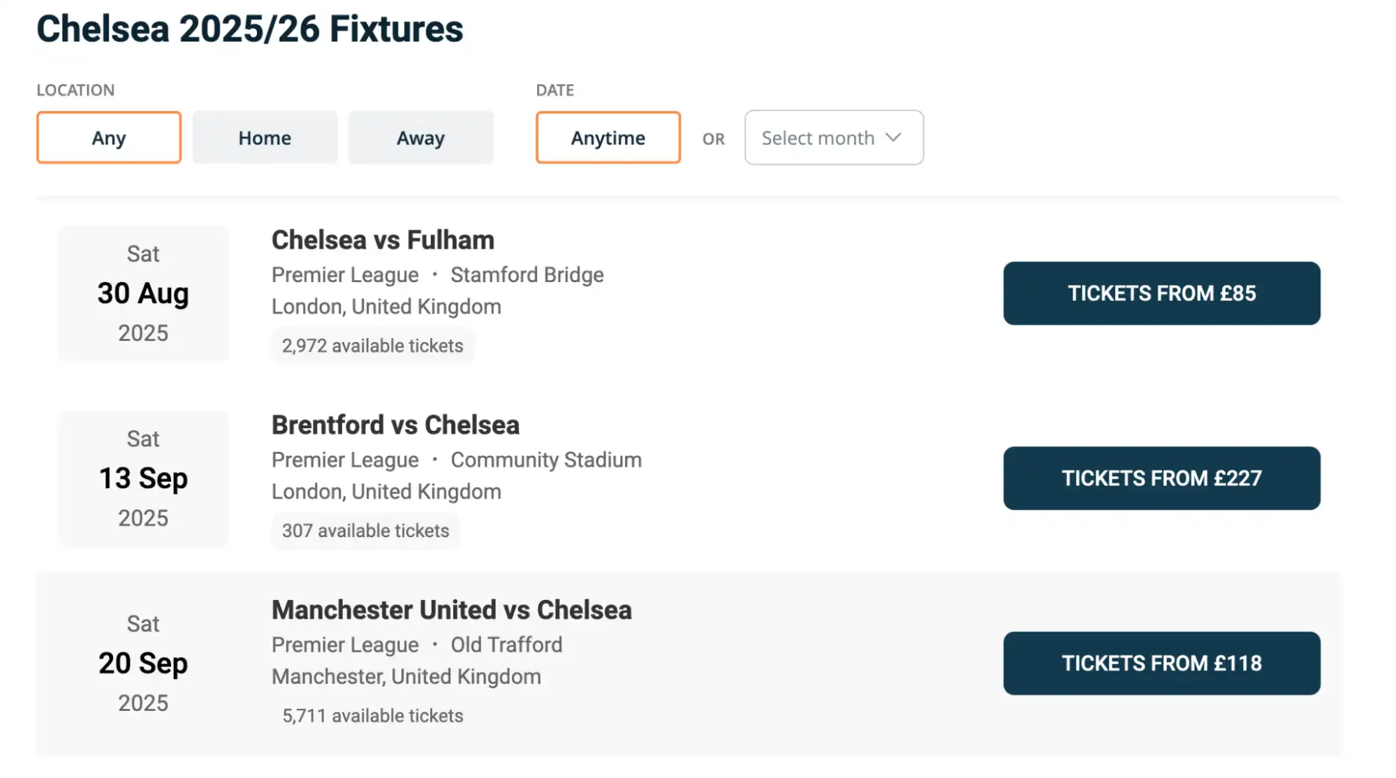 screenshot of Chelsea Fixtures