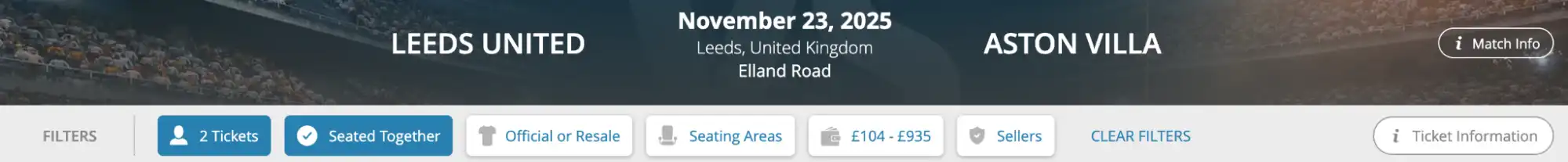 screenshot of Leeds United V Aston Villa match menu