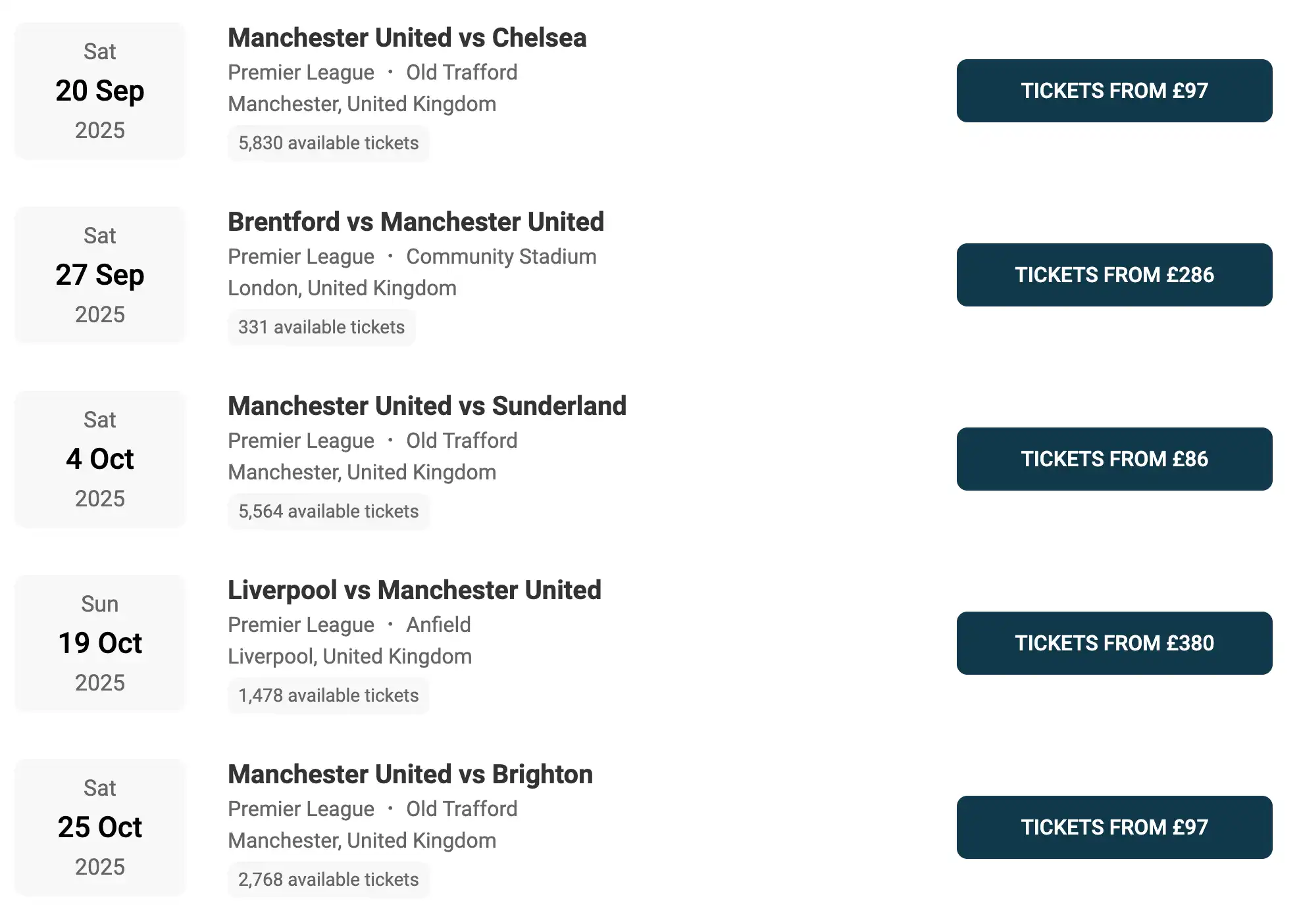 screenshot of Man U fixtures on ticket-compare.com