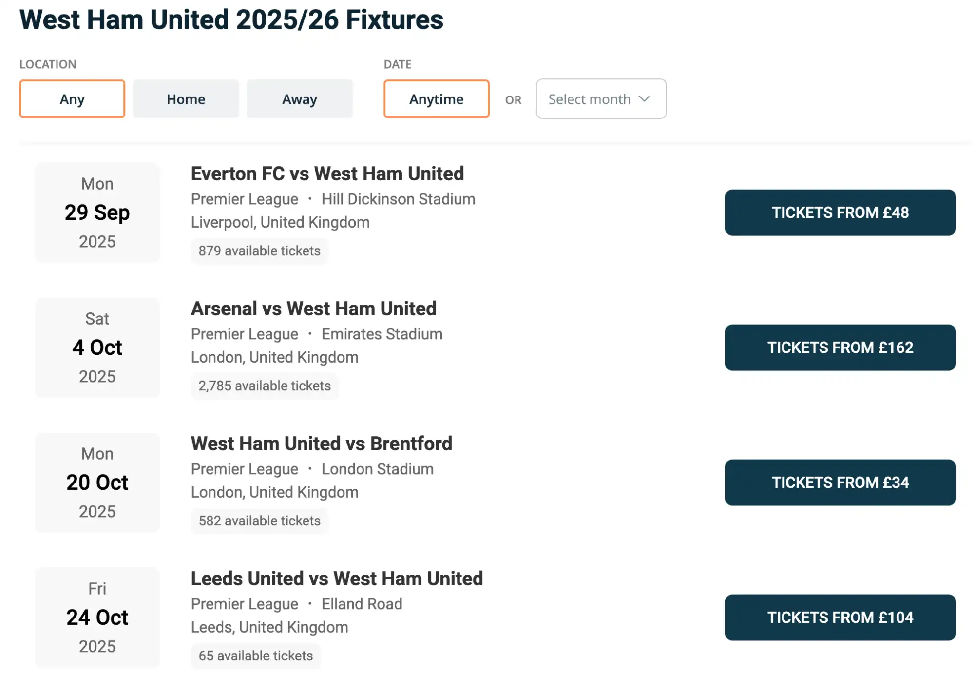 screenshot of West Ham United fixtures