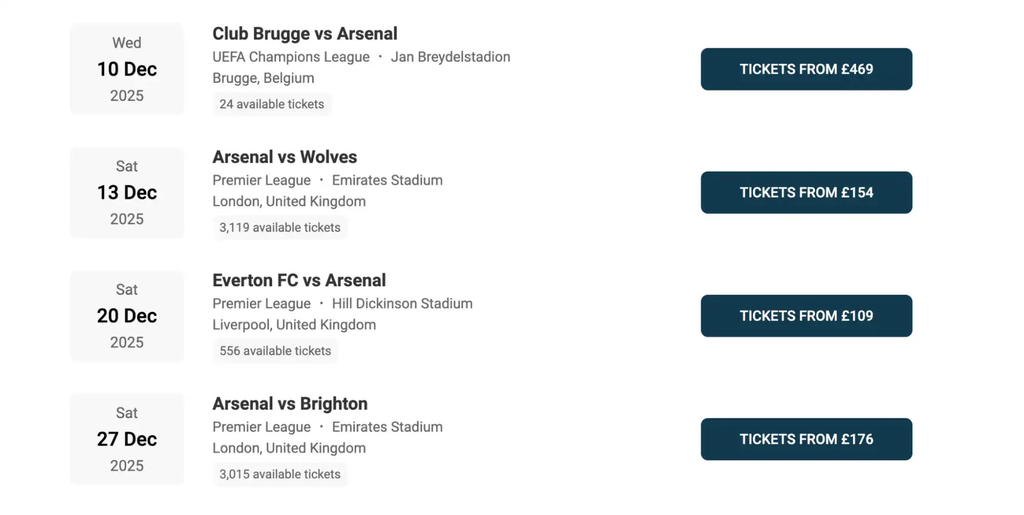 screenshot of Arsenal Fixtures list on the Ticket-compare.com