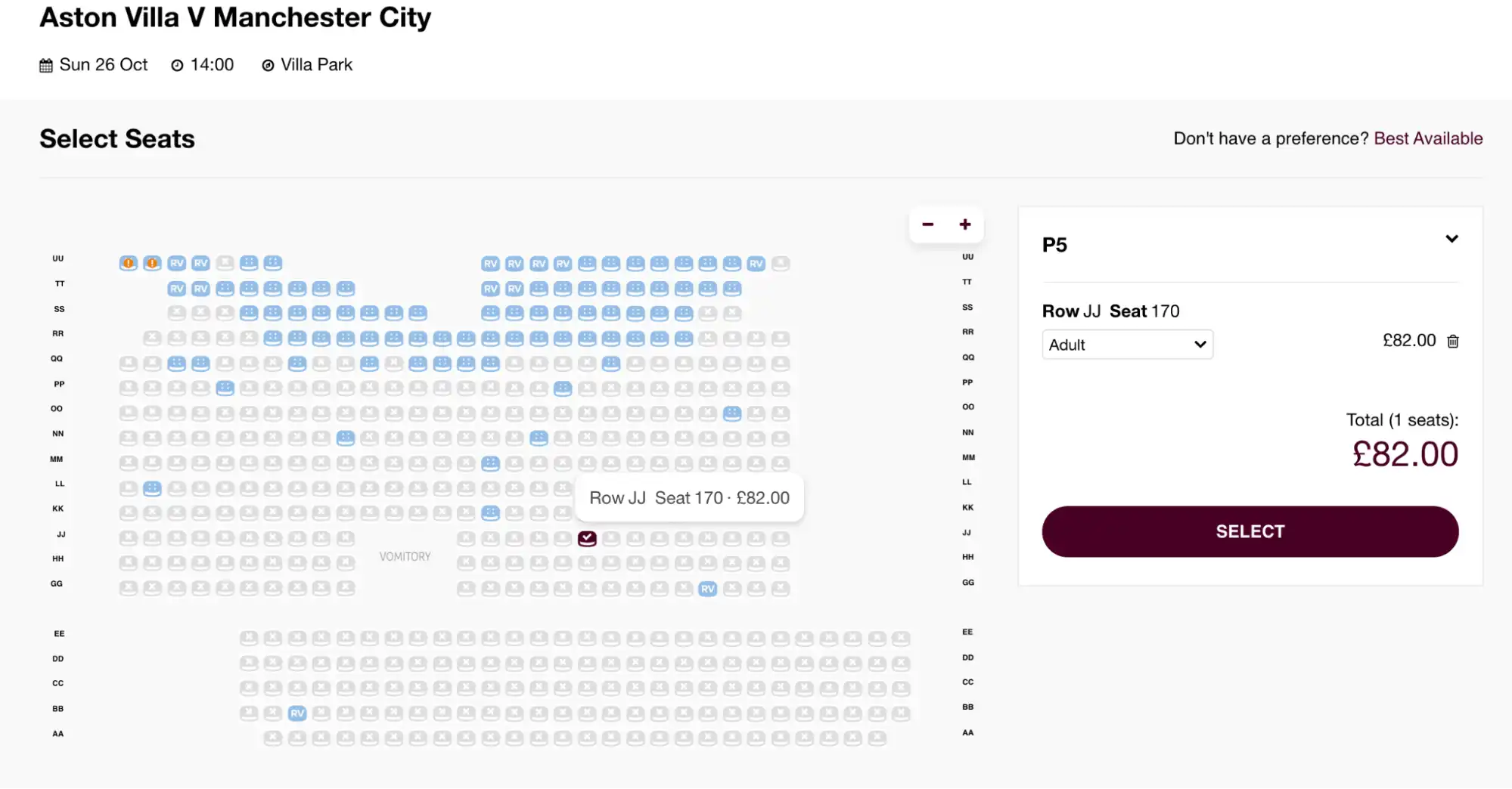 screenshot of Aston Villa vs Manchester City match available seats