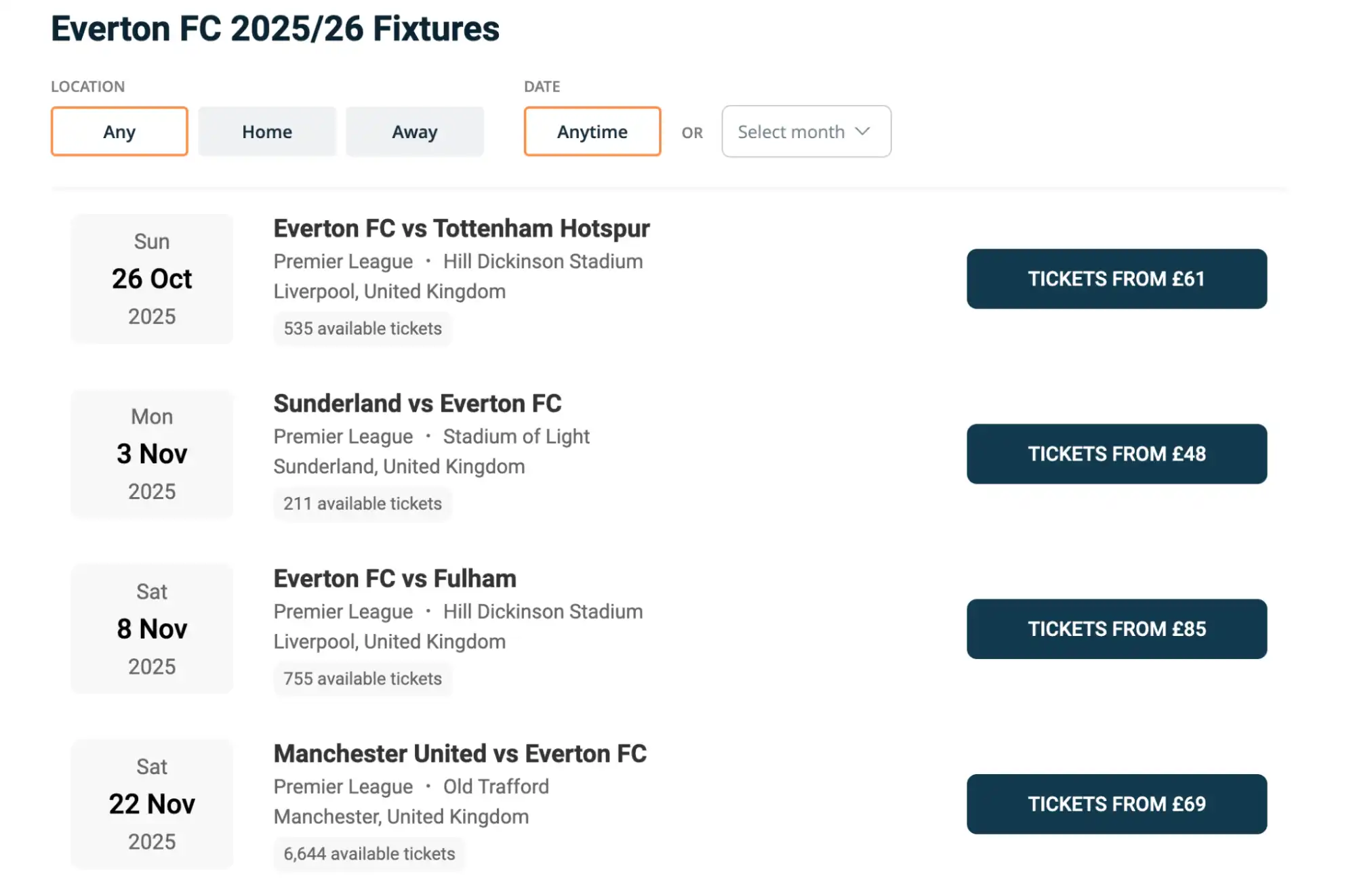 screenshot of Everton FC Fixtures