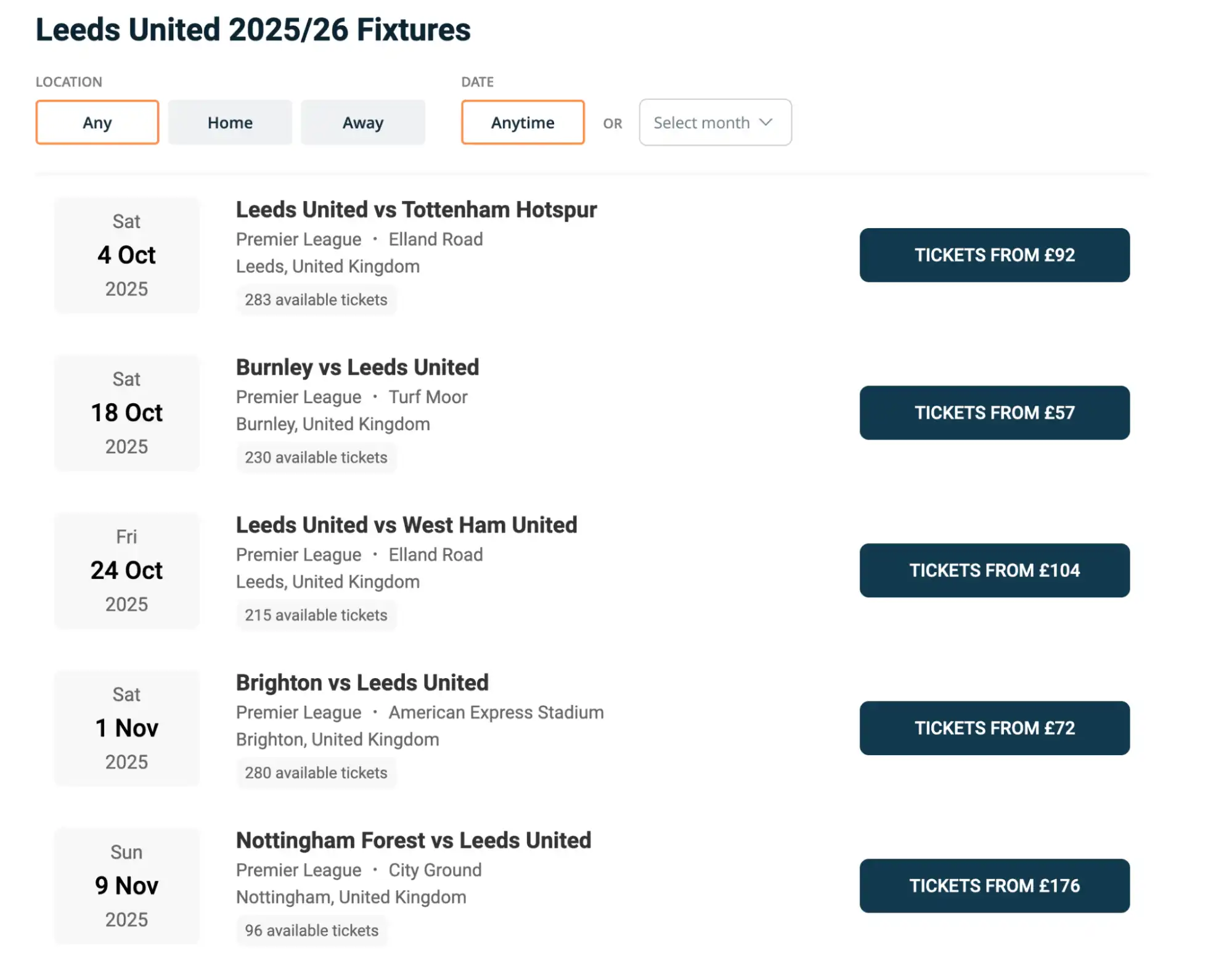 screenshot of Leeds United fixtures
