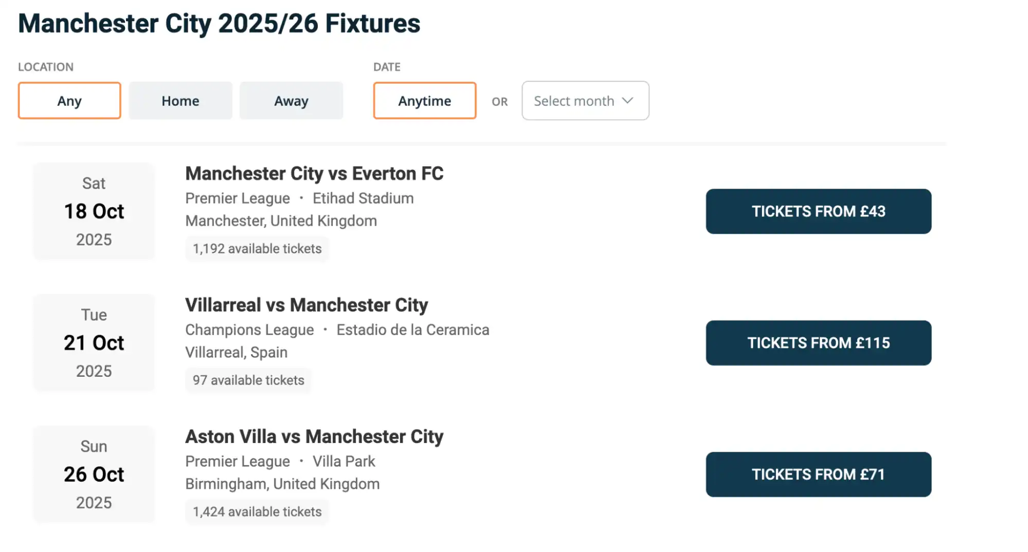 Manchester City Fixtures on Ticket-Compare.com