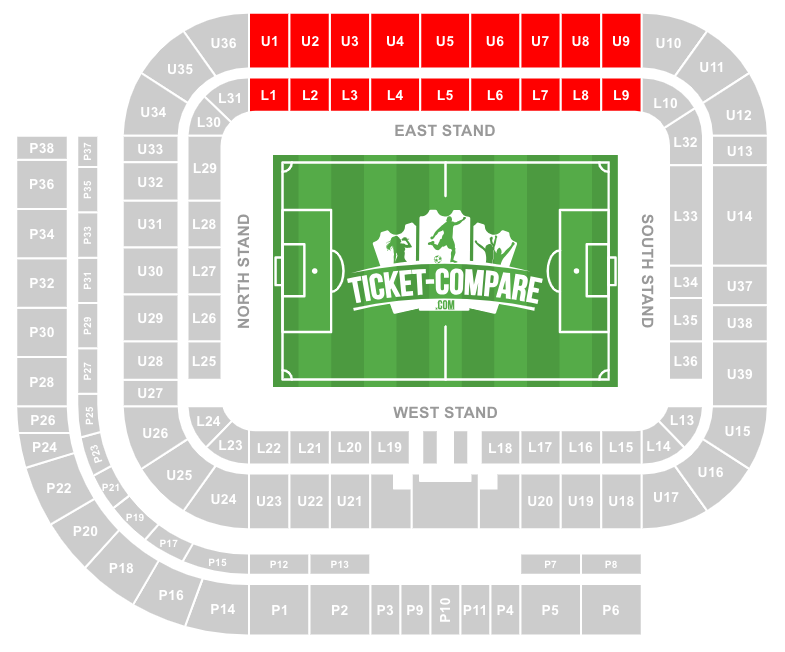 Screenshot of Stadium of Light seating plan with the East Stand highlighted