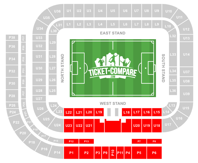 Screenshot of Stadium of Light seating plan with the West Stand highlighted
