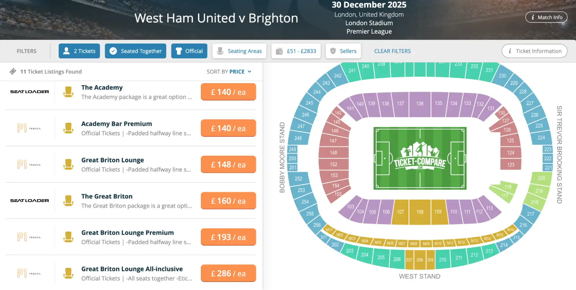 Screenshot of West Ham United v Brighton match tickets