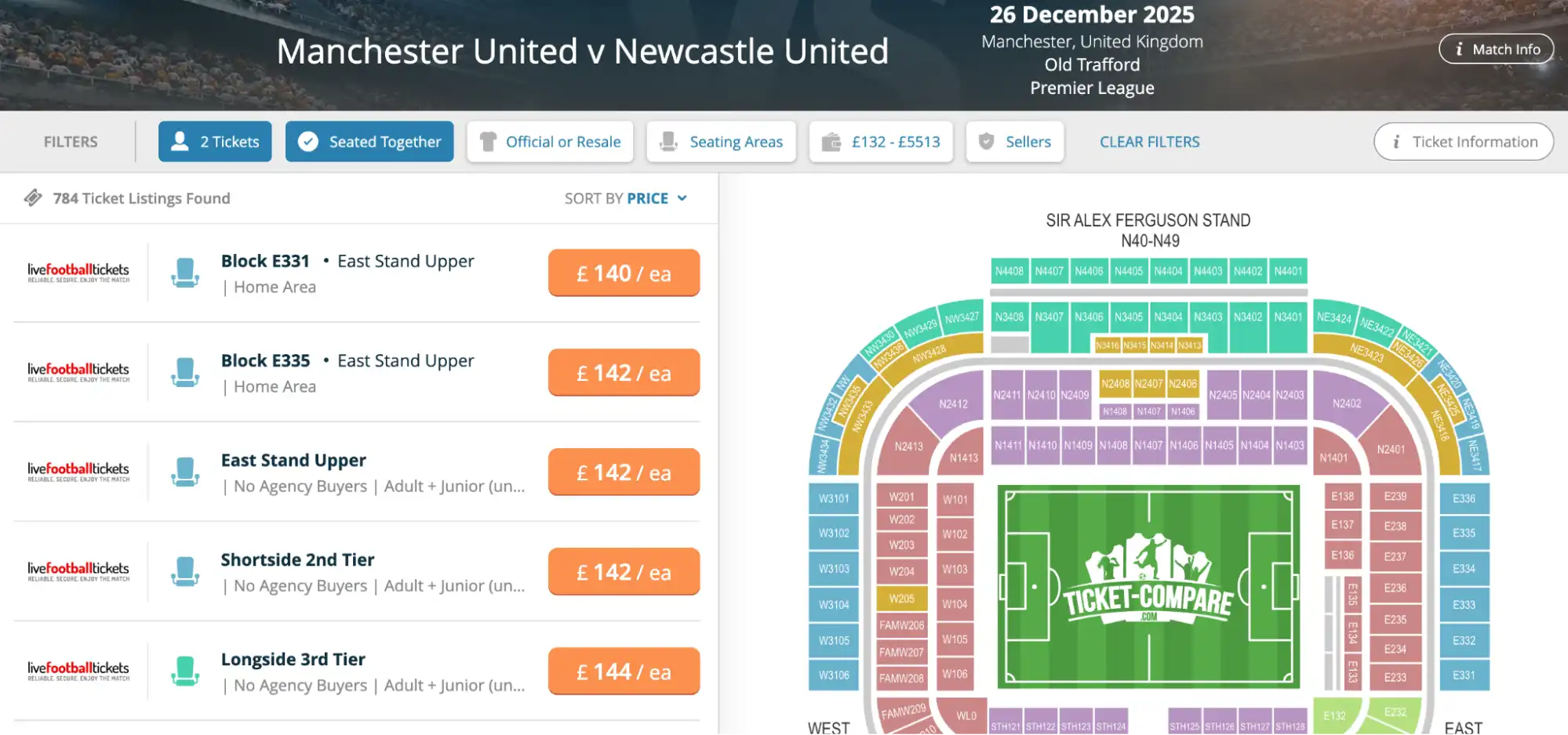 screenshot of Man U v Newcastle United match tickets