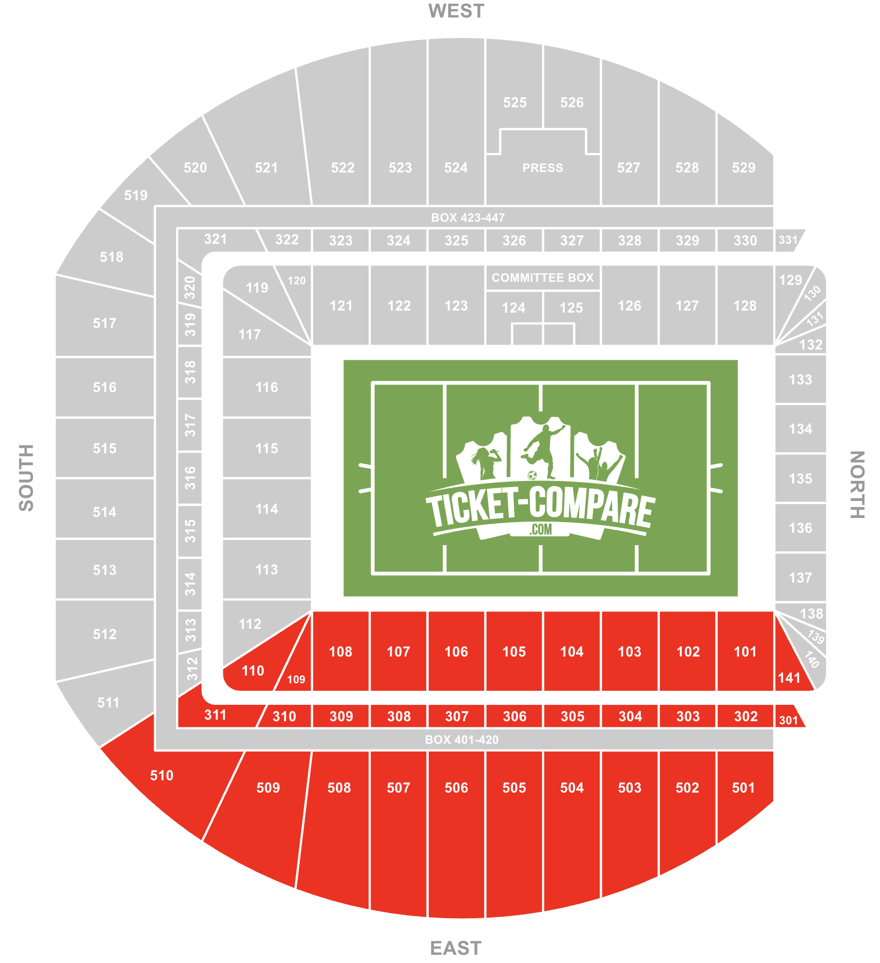 תכנית מושבים אצטדיון אביבה – יציע מזרחי מודגש