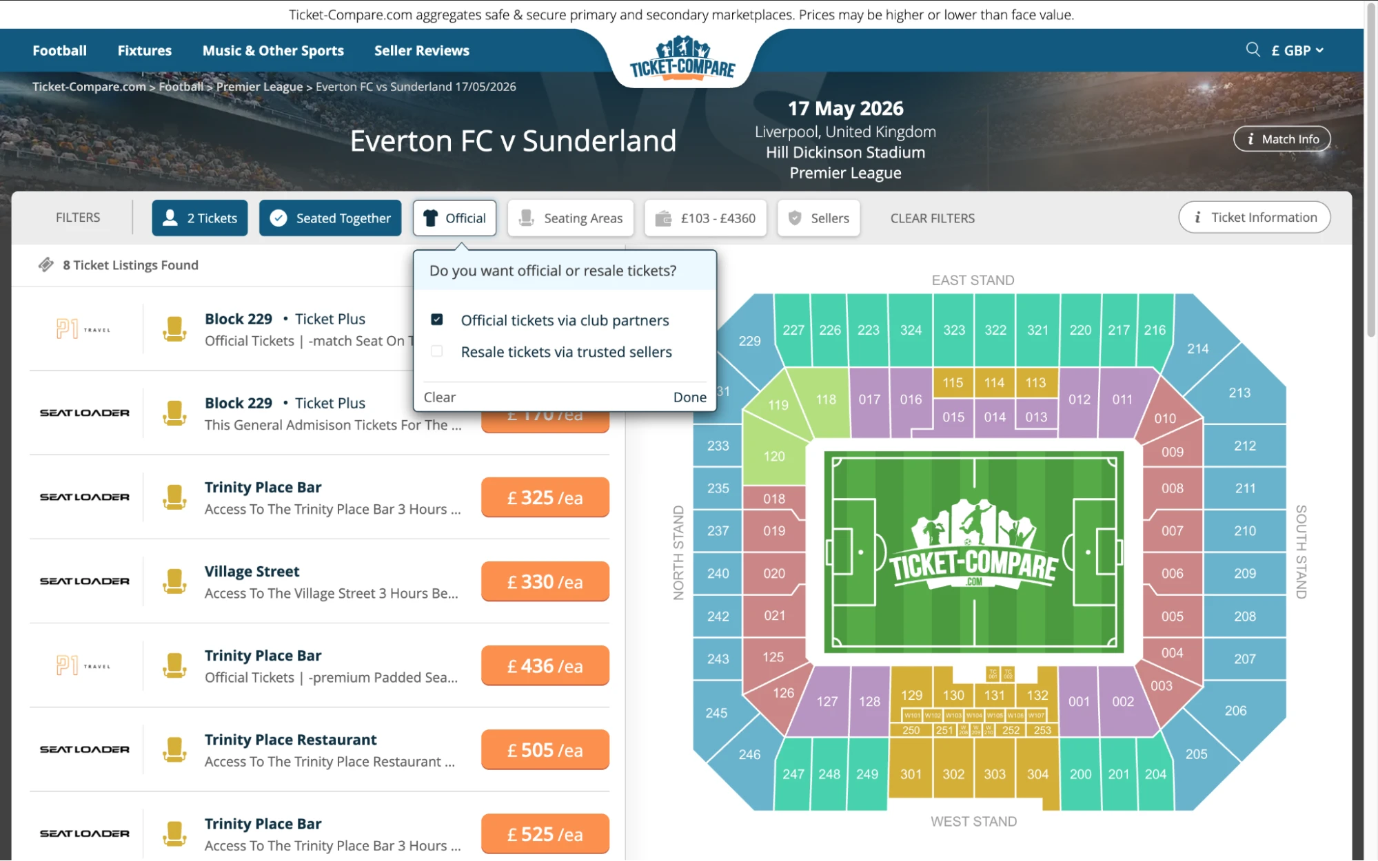 Screenshot of Everton v Sunderland tickets page on Ticket-Compare.com