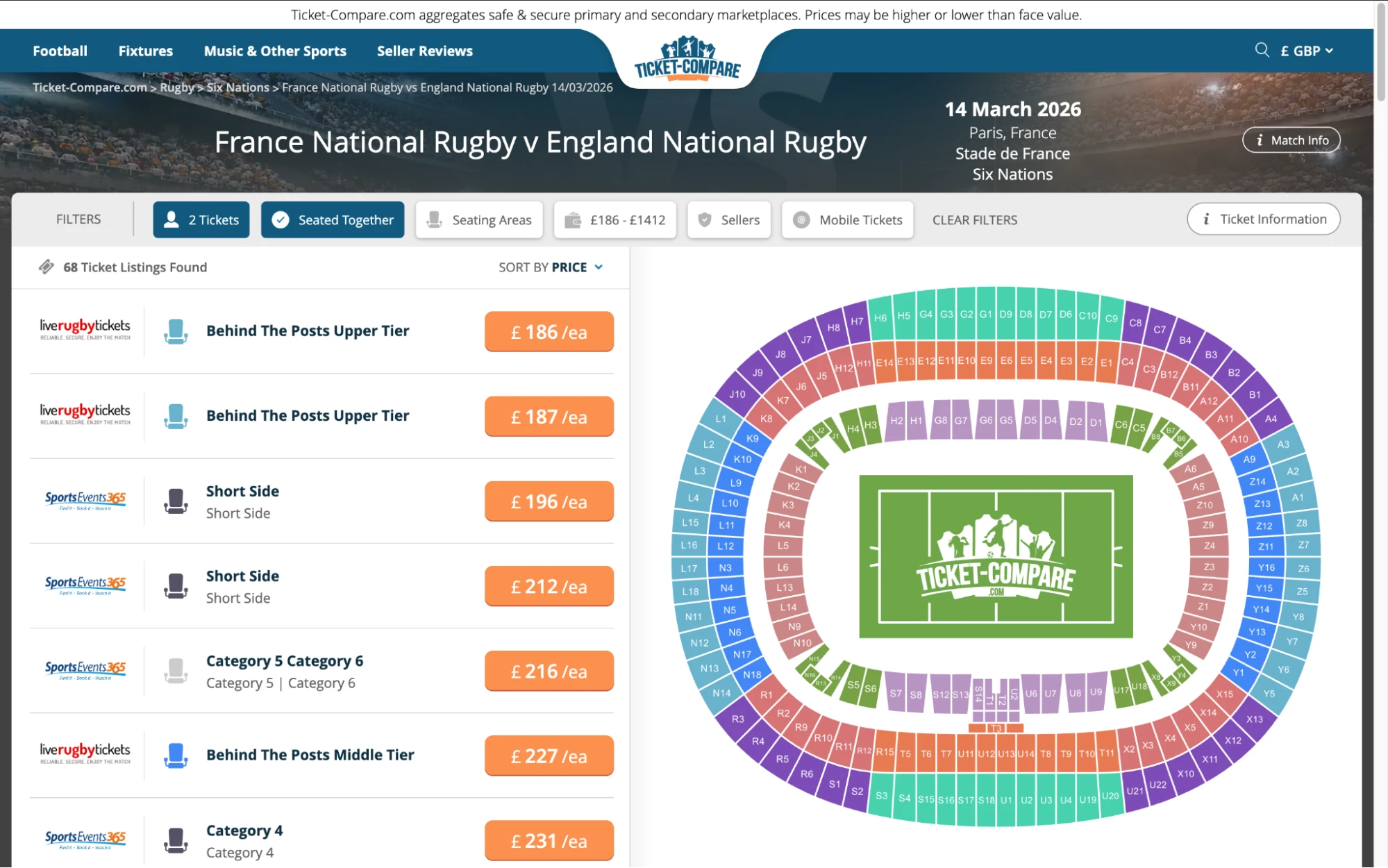 Screenshot of France National Rugby v England National Rugby tickets page