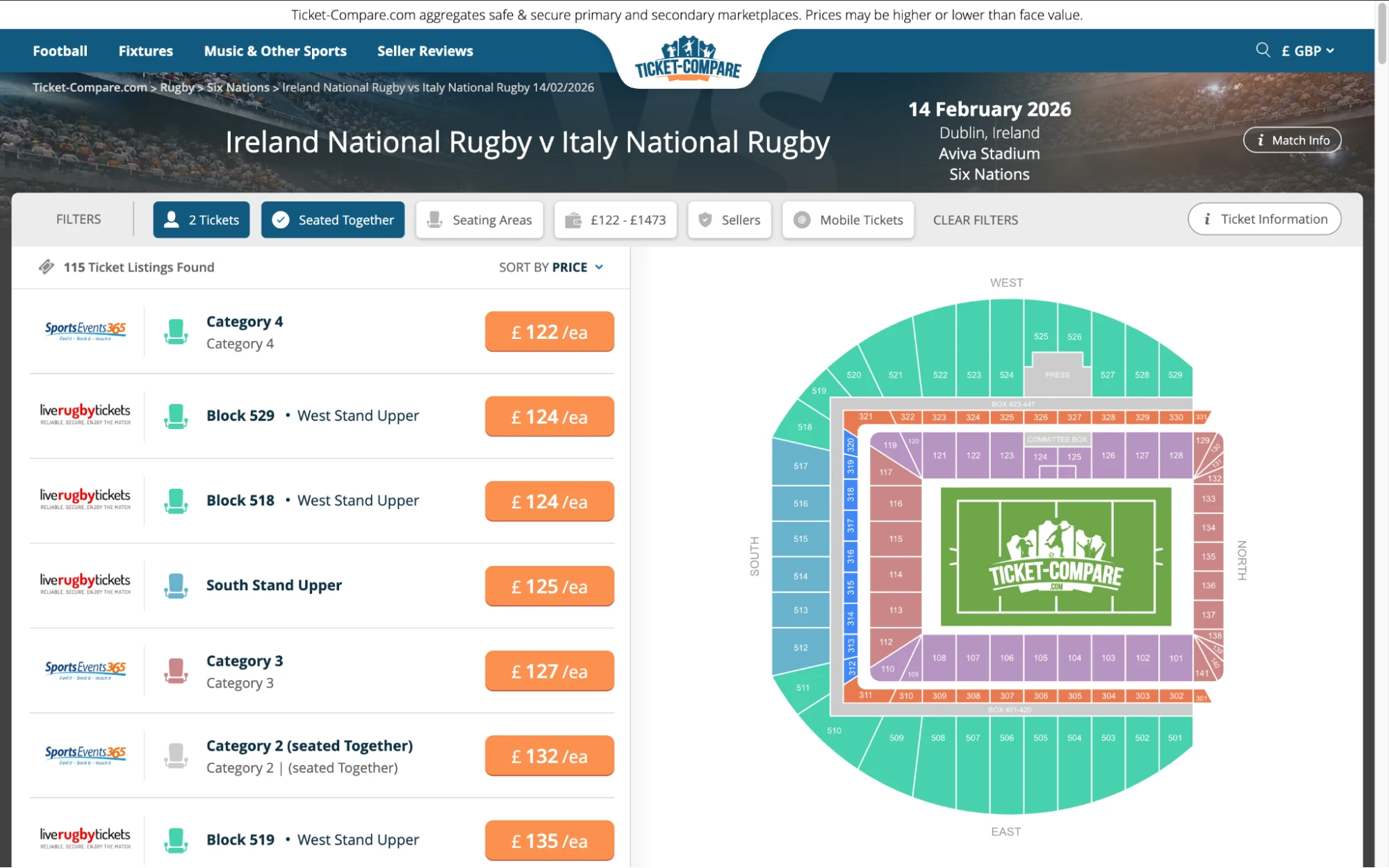 screenshot של עמוד כרטיסים לIreland National Rugby נגד Italy National Rugby