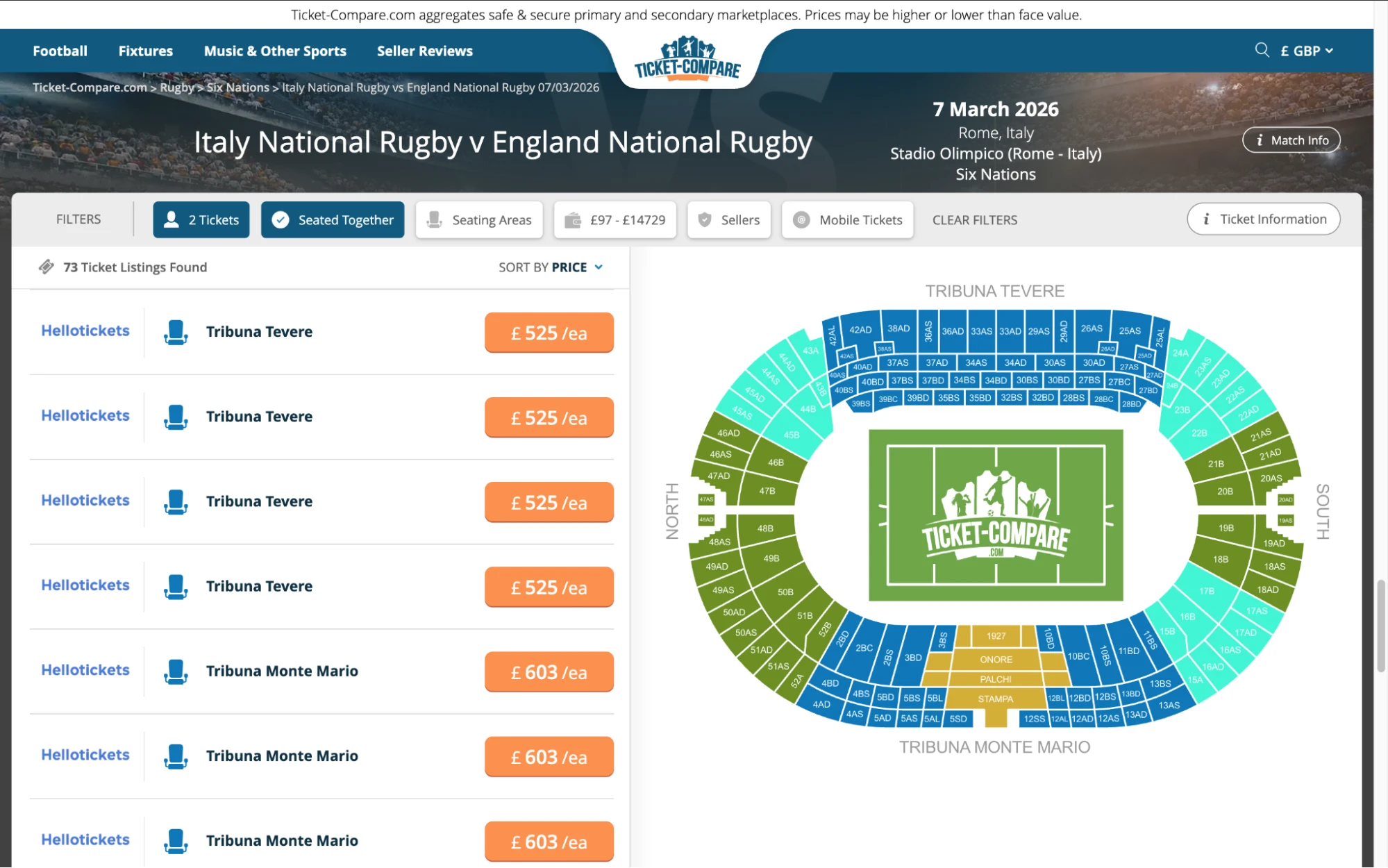Screenshot of Italy National Rugby v England National Rugby tickets page