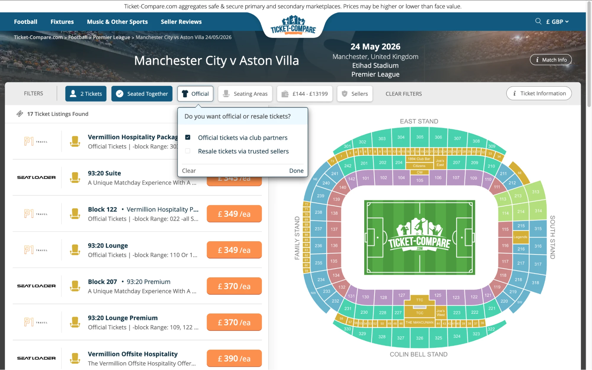Screenshot of Manchester City v Aston Villa tickets page on Ticket-Compare.com