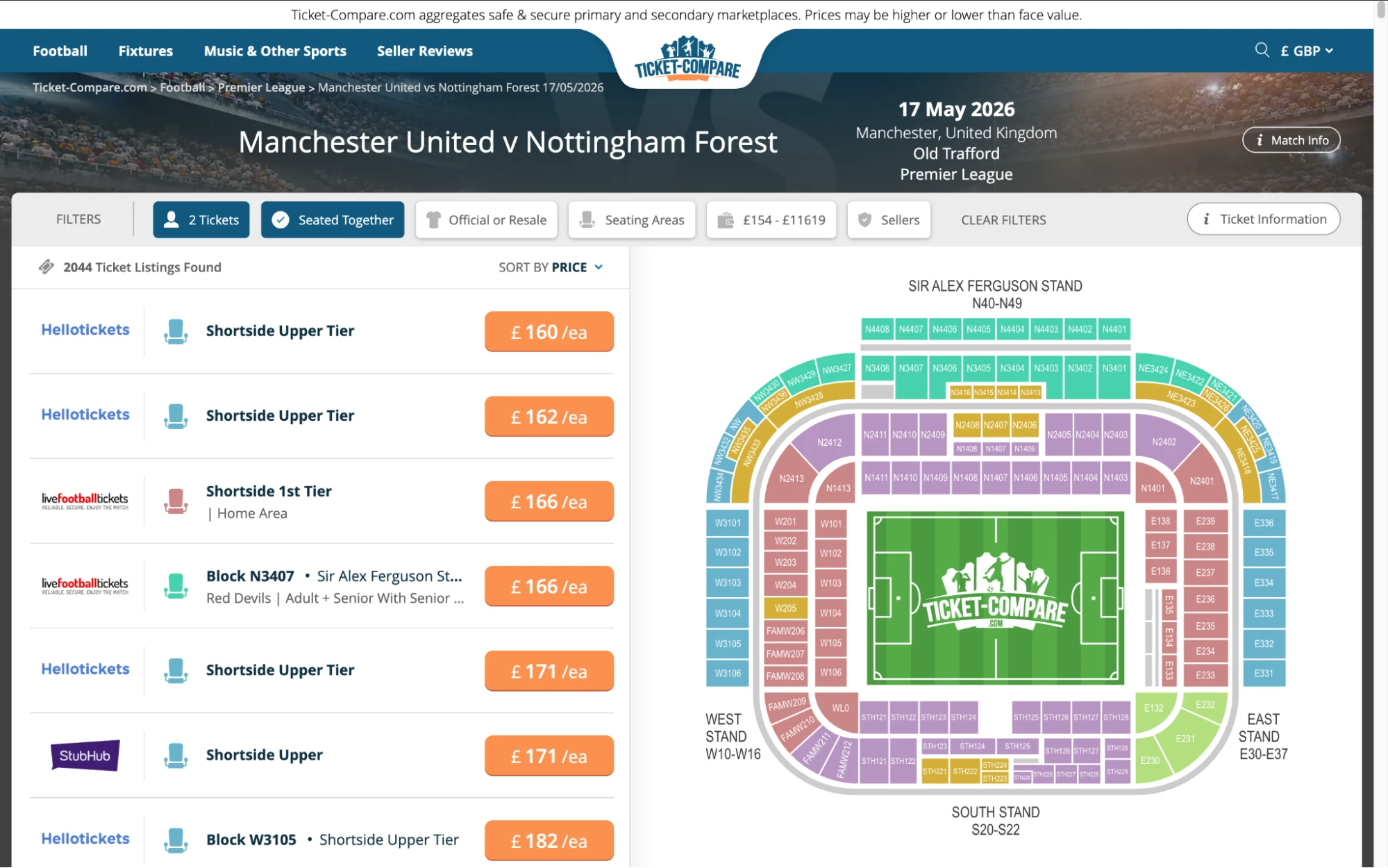 Screenshot of Manchester United v Nottinham Forest tickets page