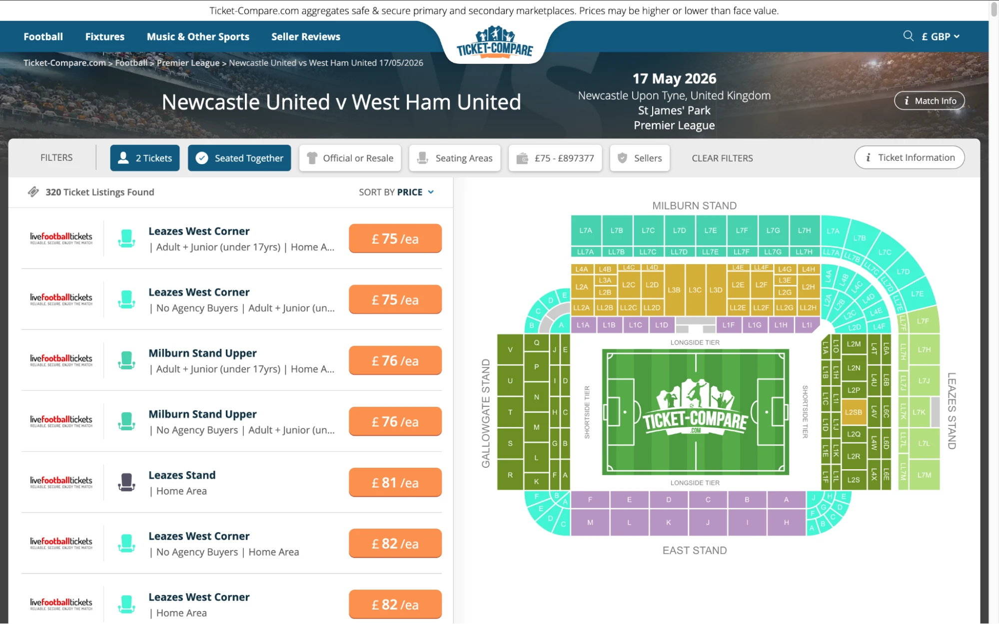 Screenshot of Newcastle United v West Ham tickets page on Ticket-Compare.com