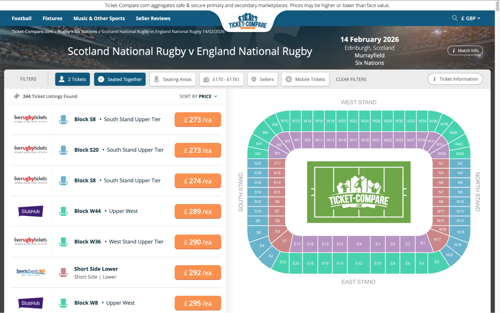 Screenshot of Scotland National Rugby v England National Rugby tickets page on Ticket-Compare.com