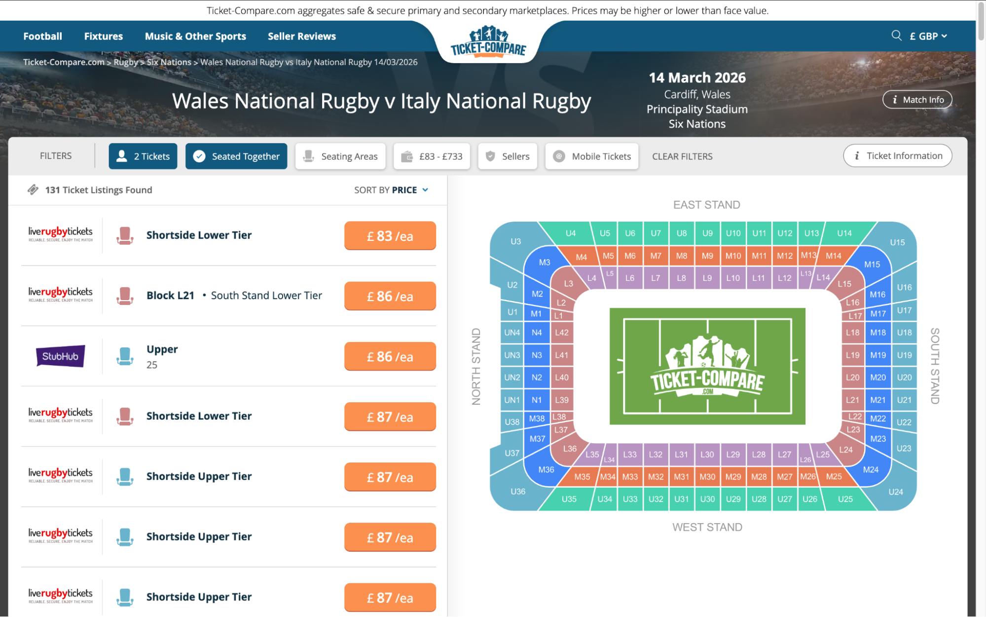 Screenshot of Wales National Rugby v Italy National Rugby tickets page
