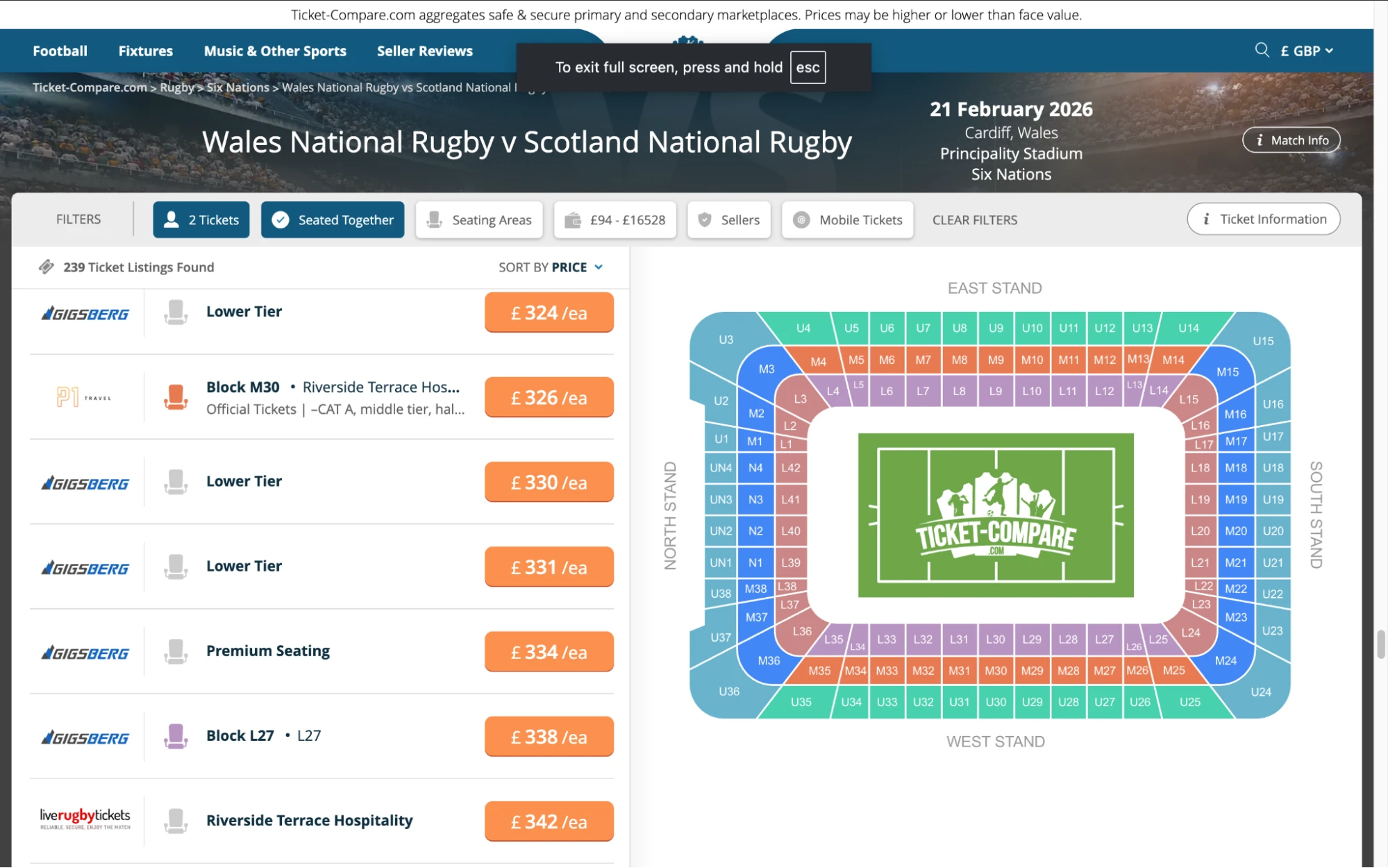 Screenshot of Wales National Rugby v Scotland National Rugby tickets page