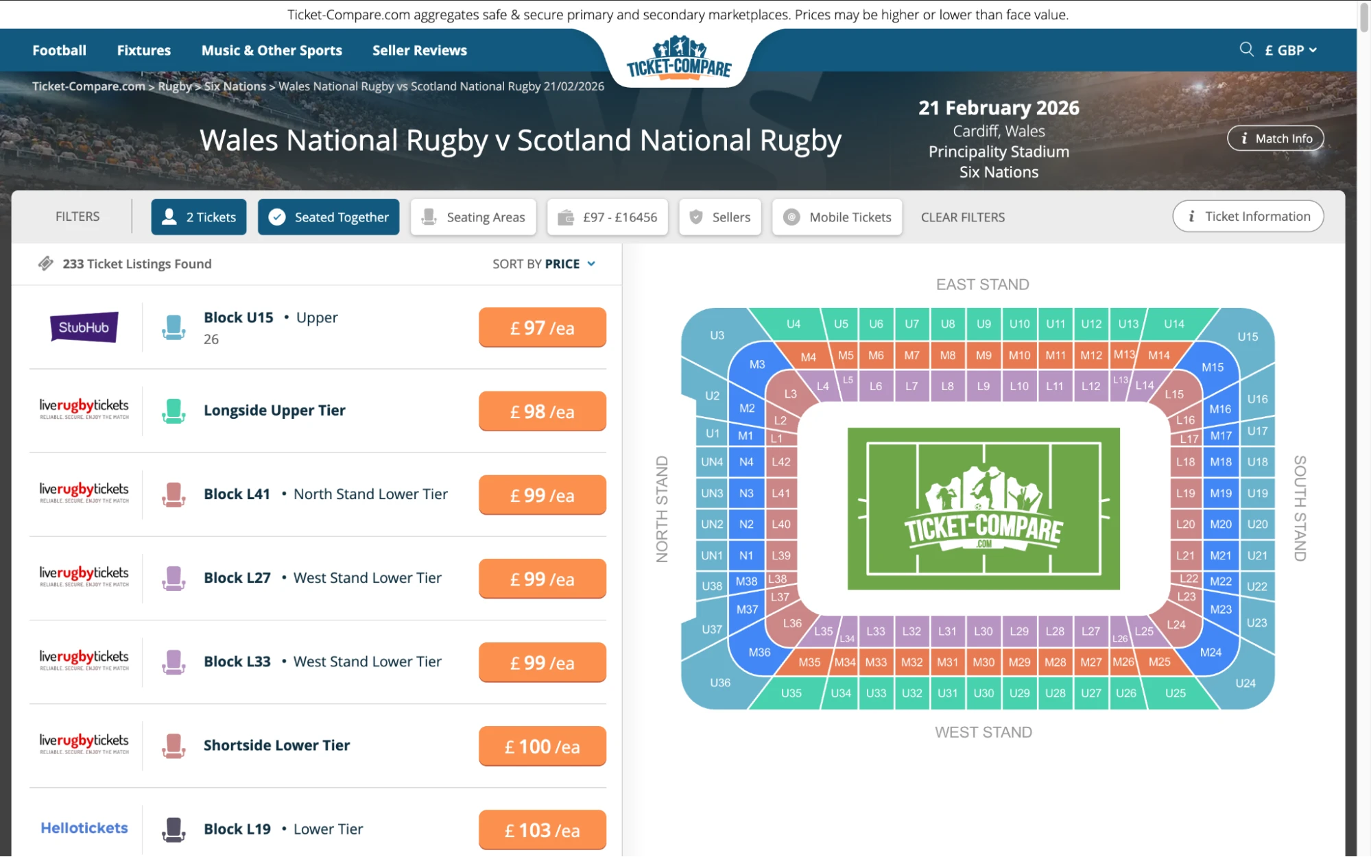 Screenshot of Wales National Rugby v Scotland National Rugby tickets page