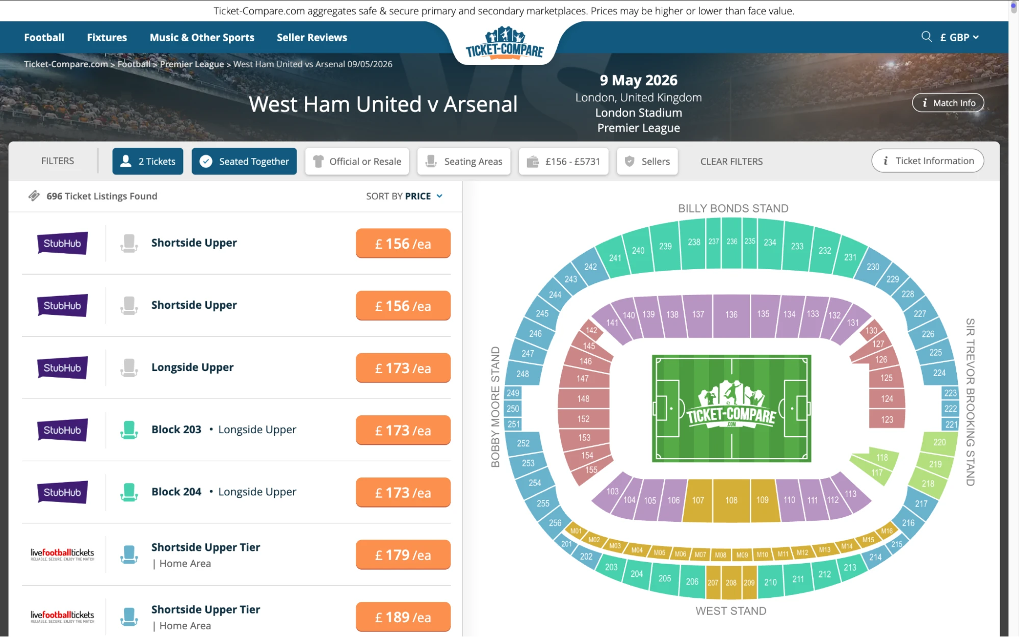 Screenshot of West Ham United v Arsenal tickets page