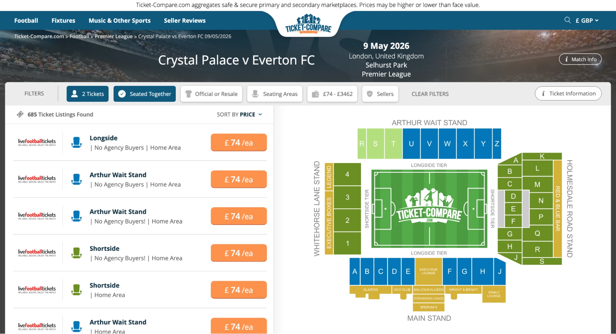 תצוגת כרטיסים Crystal Palace נגד Everton FC