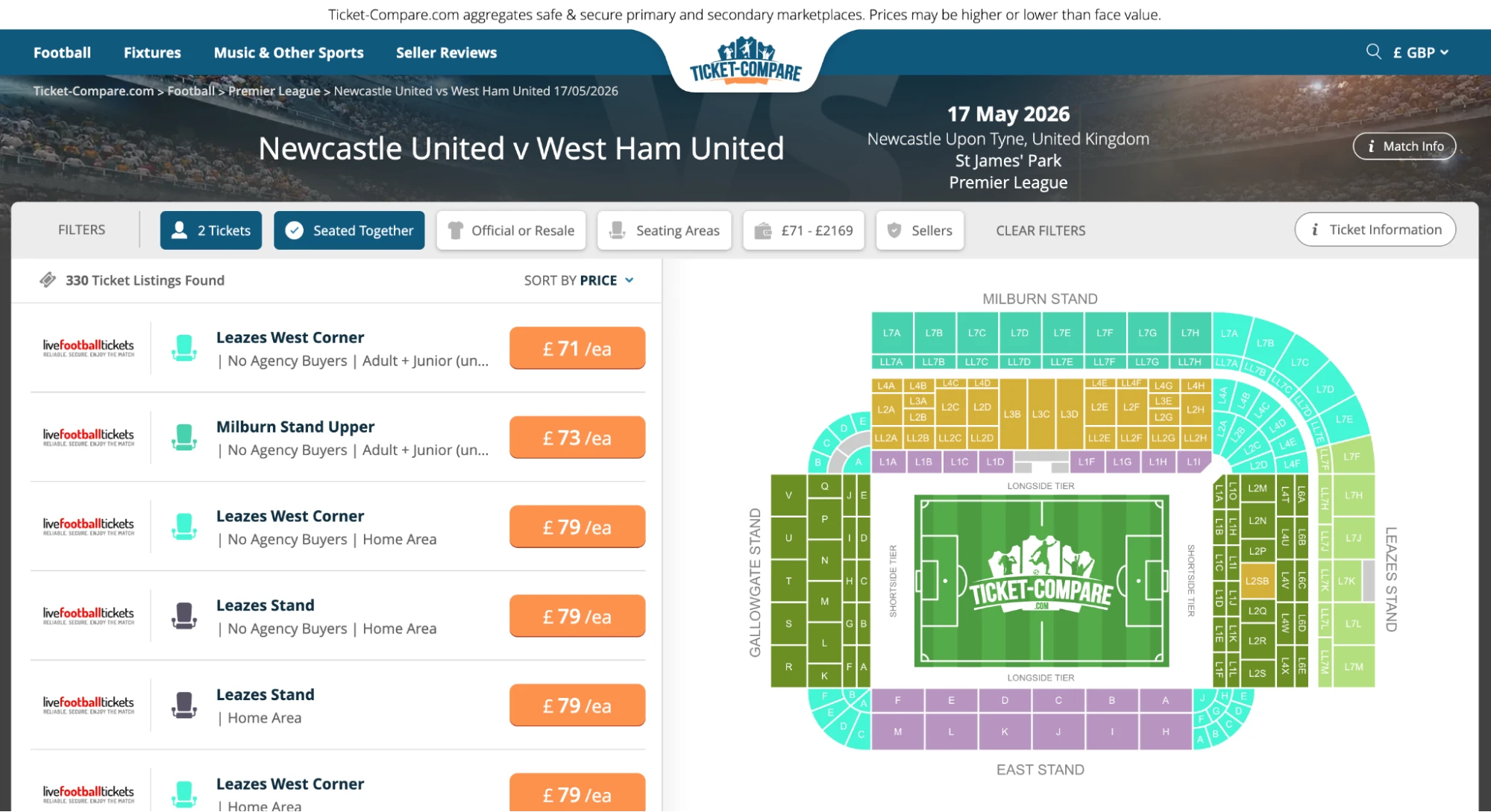 Screenshot of Newcastle United v West Ham United tickets page on Ticket-Compare.com