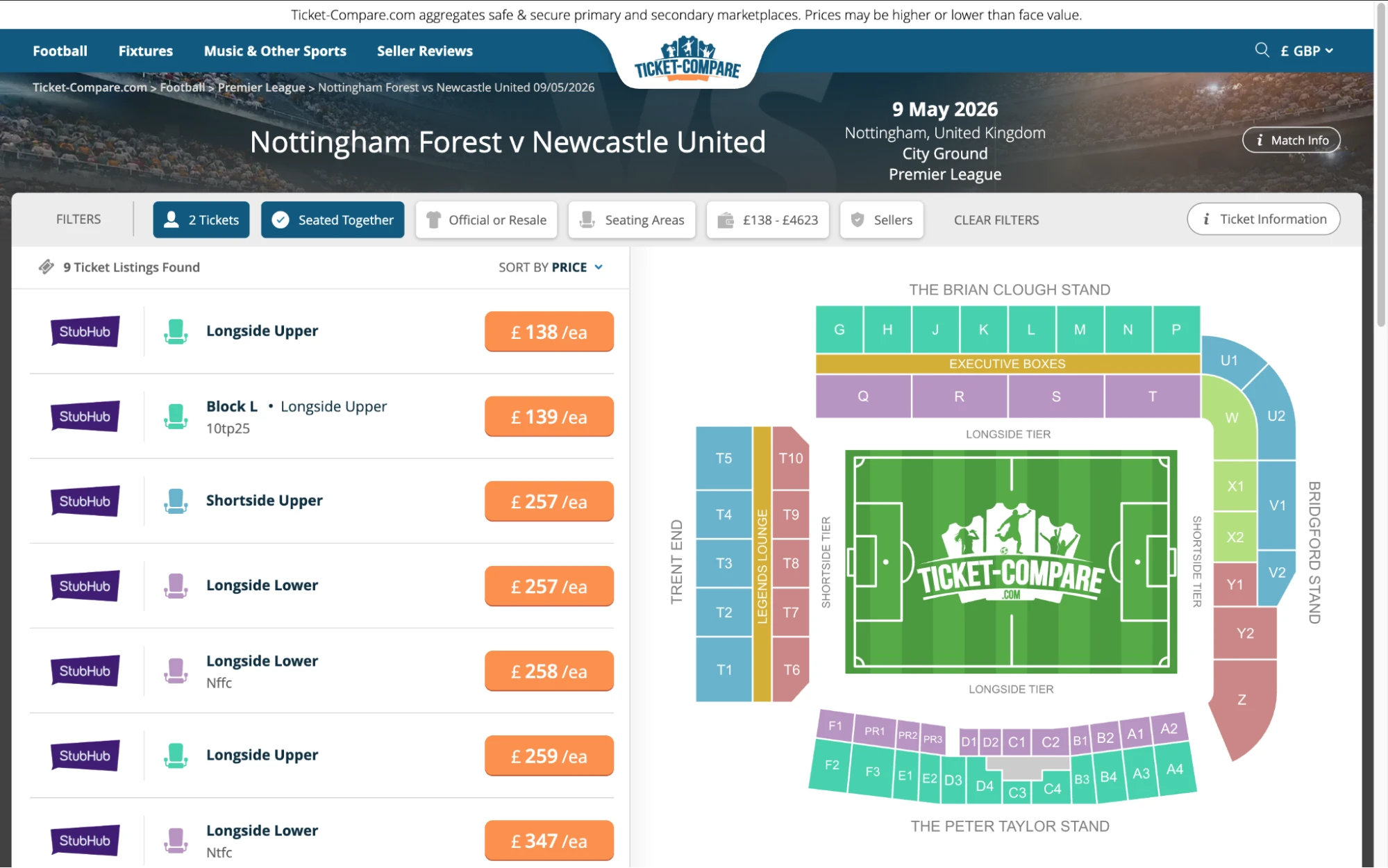 Screenshot of Nottinham Forest v Newcastle United tickets page