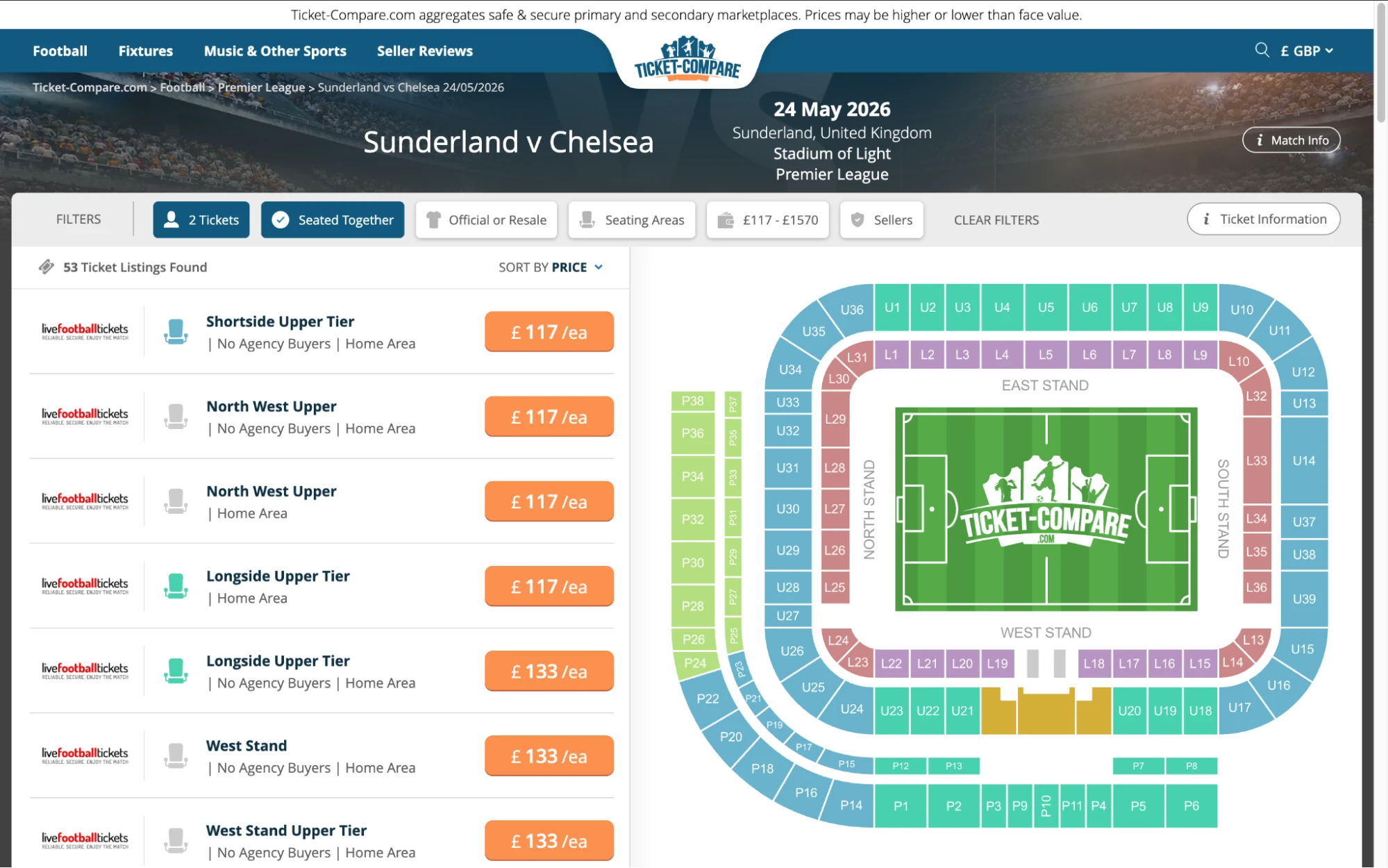 Screenshot of Sunderland v Chelsea tickets page on Ticket-Compare.com