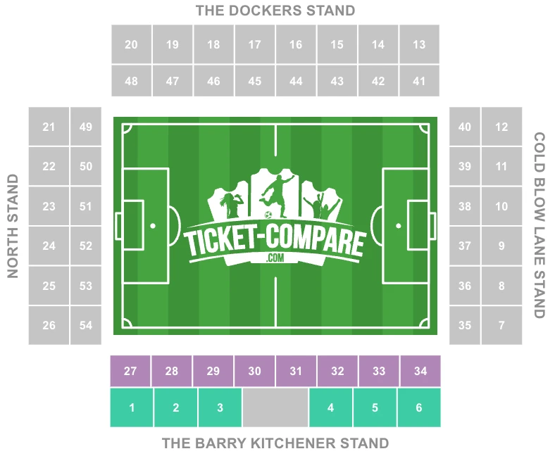 מפת הושבה באצטדיון הדן עם Barry Kitchener Stand מסומן
