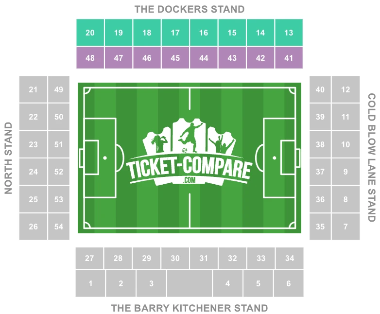 מפת הושבה באצטדיון הדן עם Dockers Stand מסומן