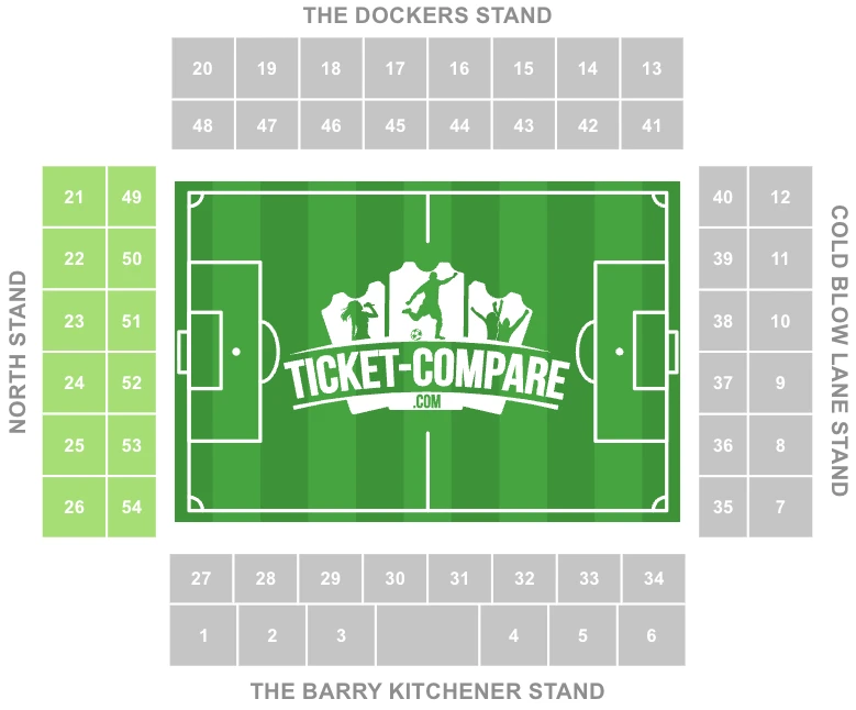 מפת הושבה באצטדיון הדן עם North Stand מסומן