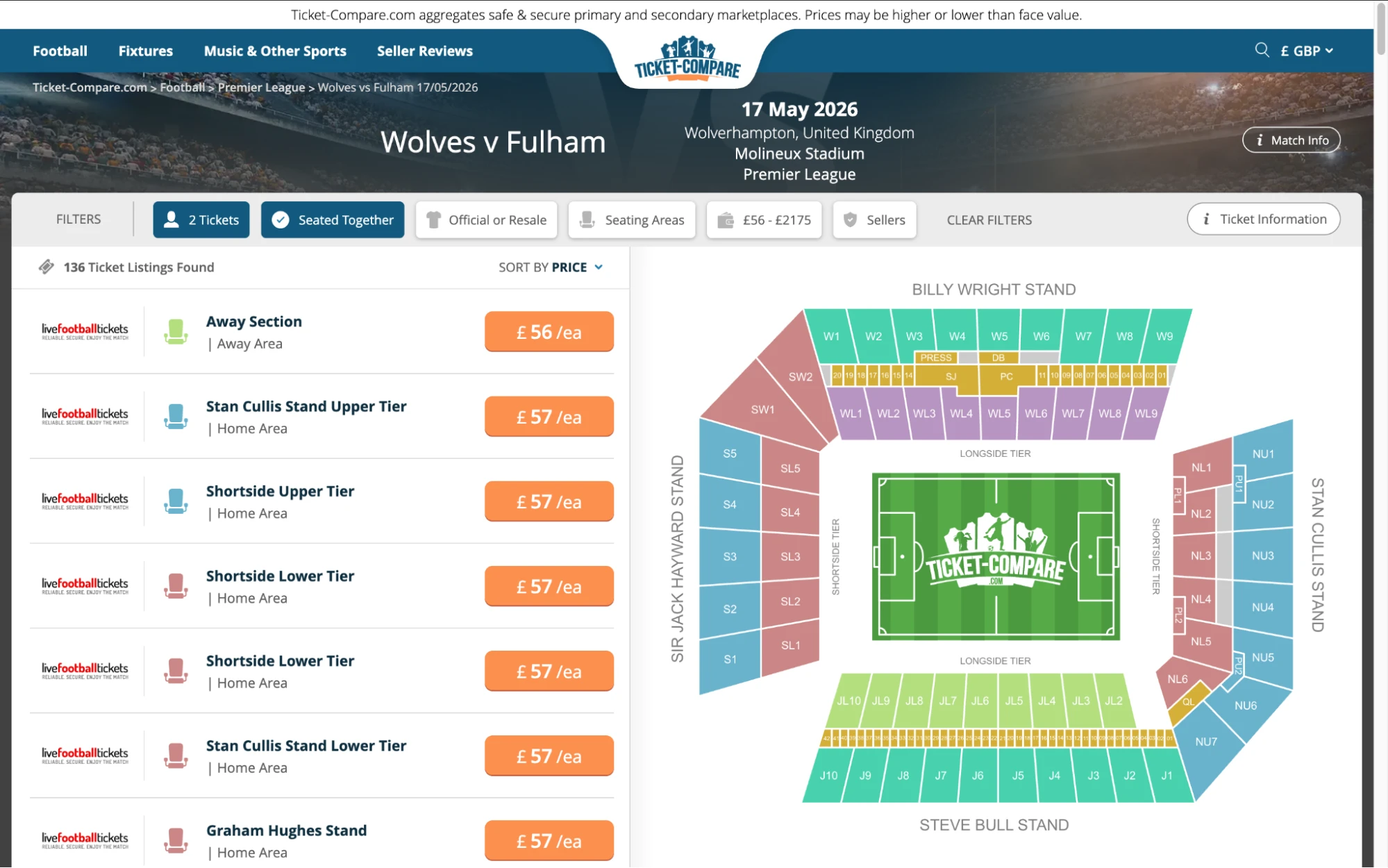 Screenshot of Wolves v Fulham tickets page