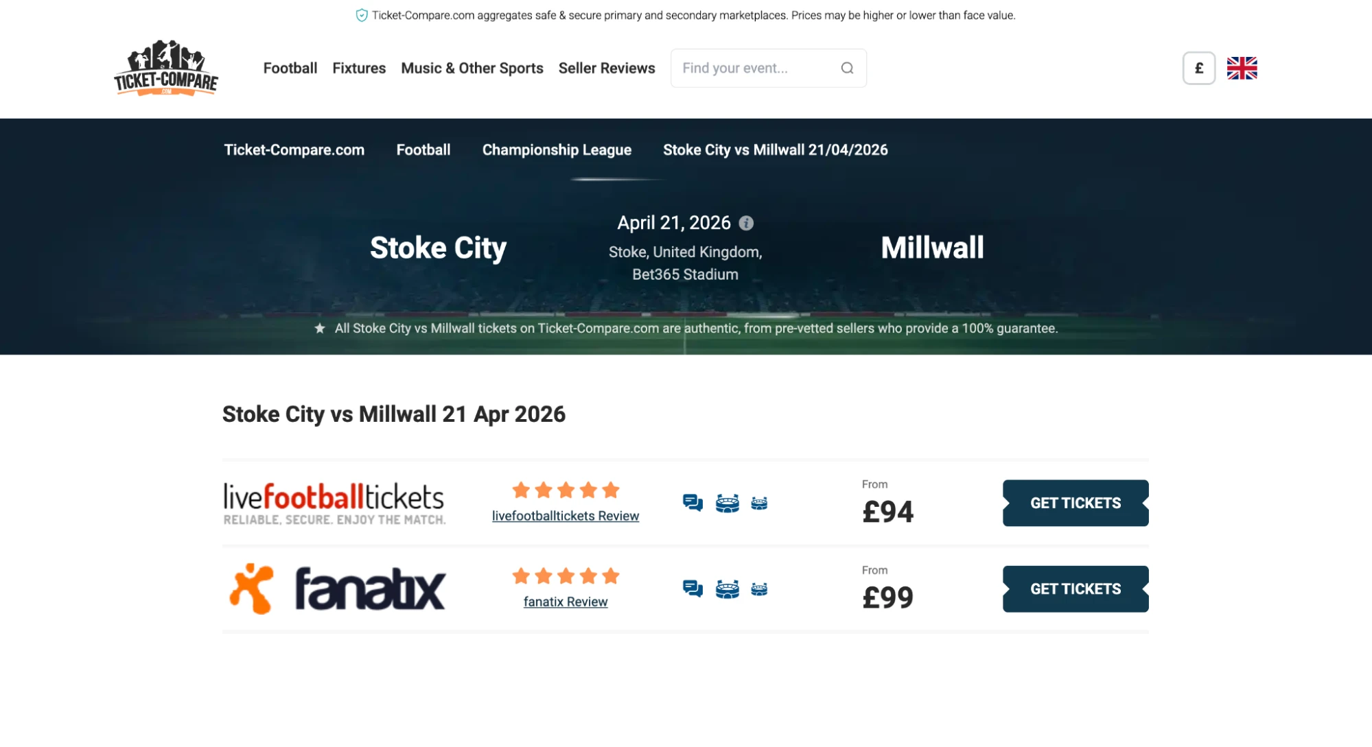 צילום מסך של כרטיסים Stoke City נגד Millwall