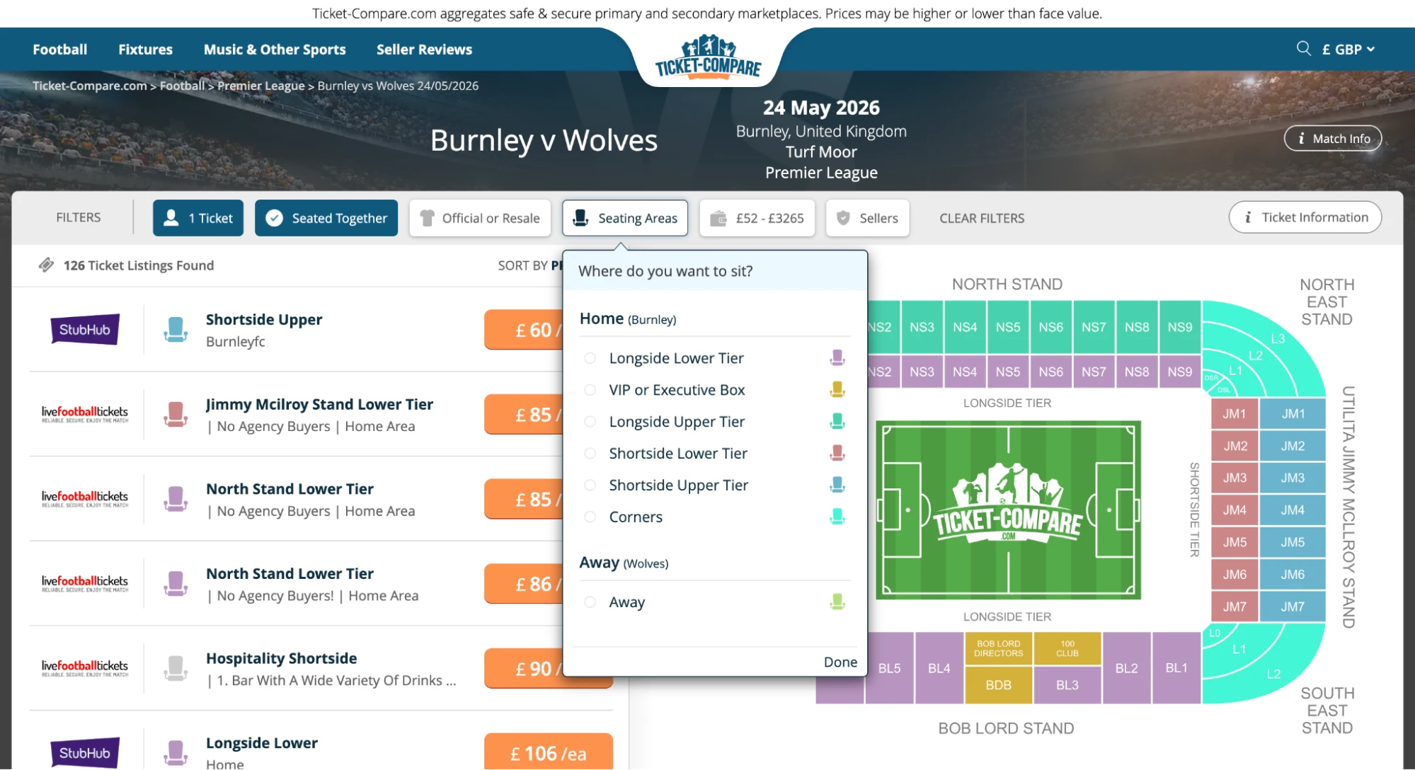 Screenshot of Burnley v Wolves tickets page on Ticket-Compare.com