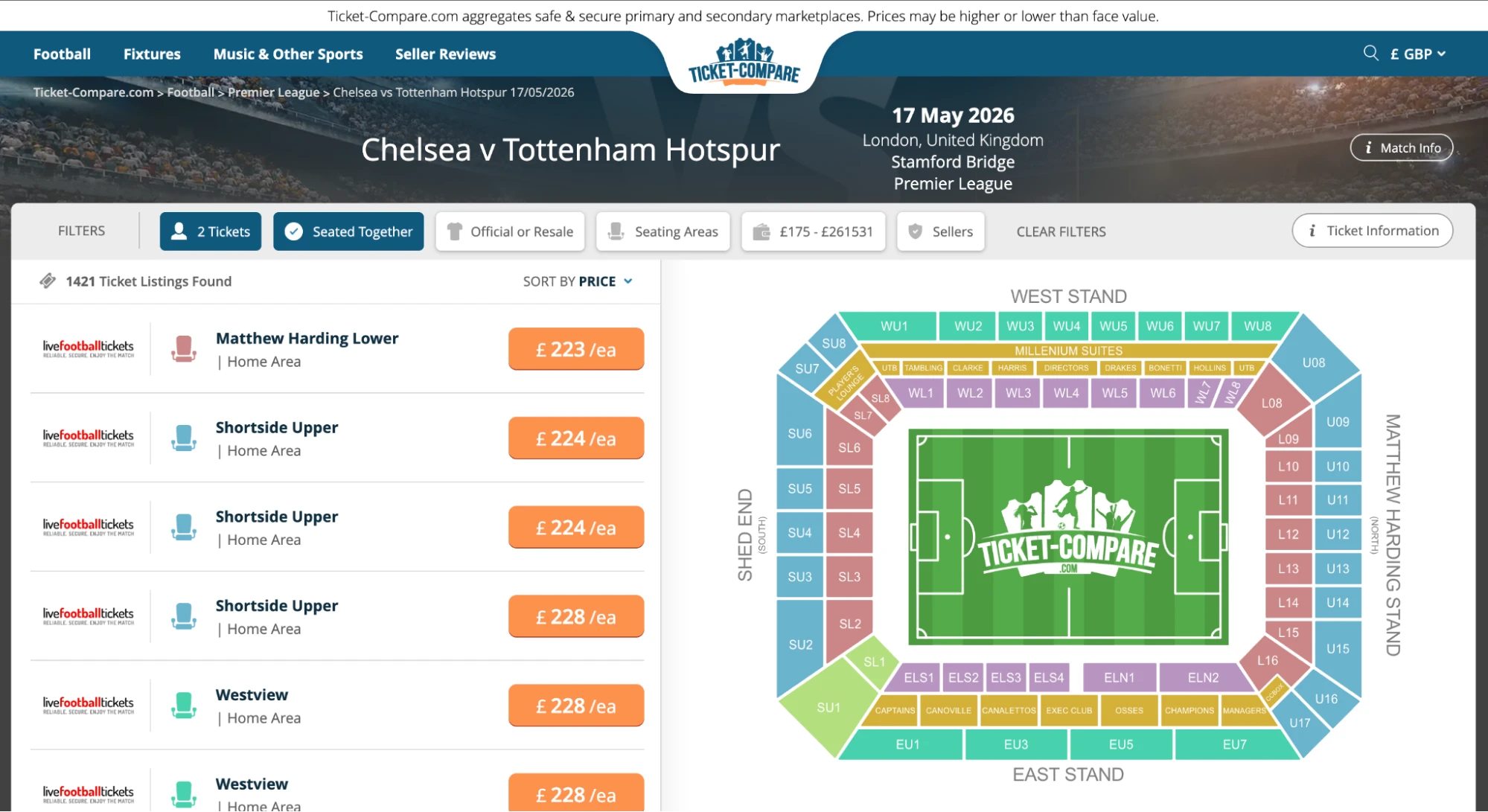 Screenshot of Chelsea v Tottenham Hotspur tickets page