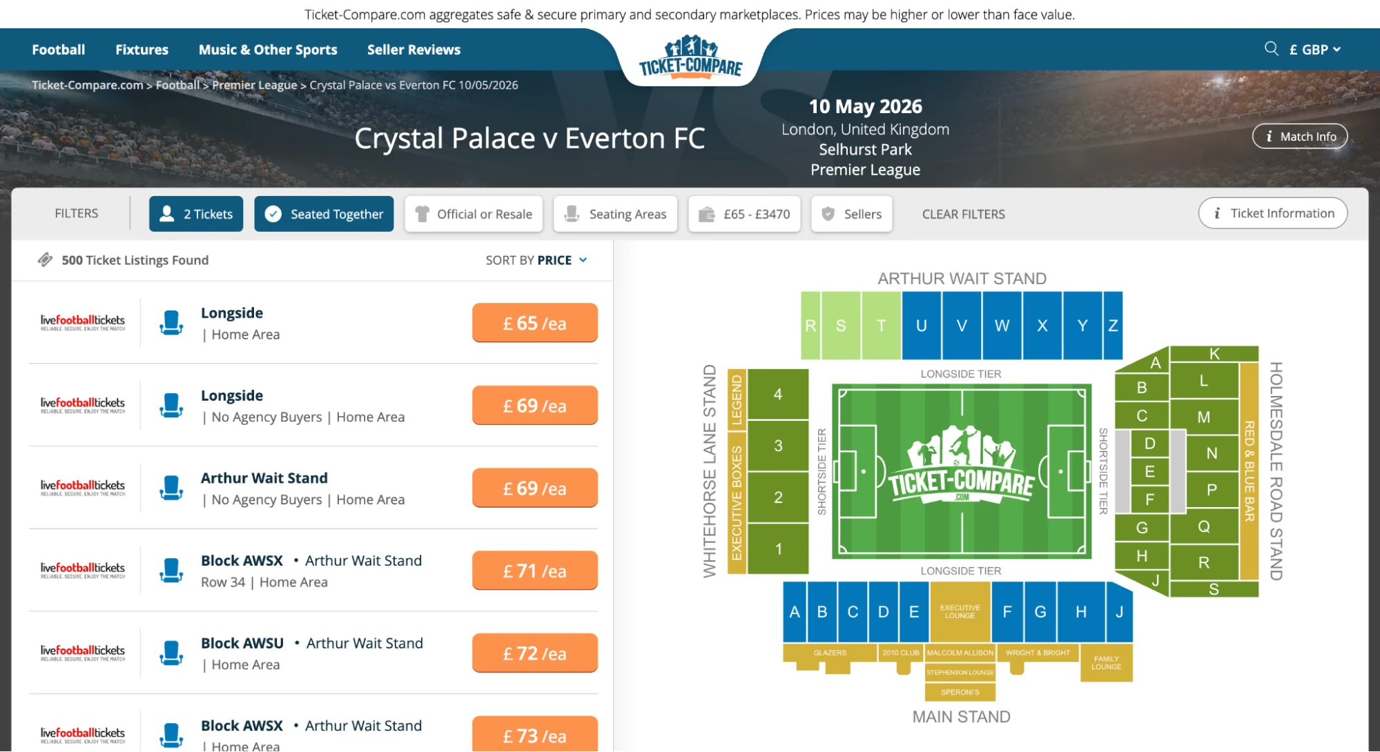 צילום מסך של עמוד כרטיסים Crystal Palace נגד Everton FC