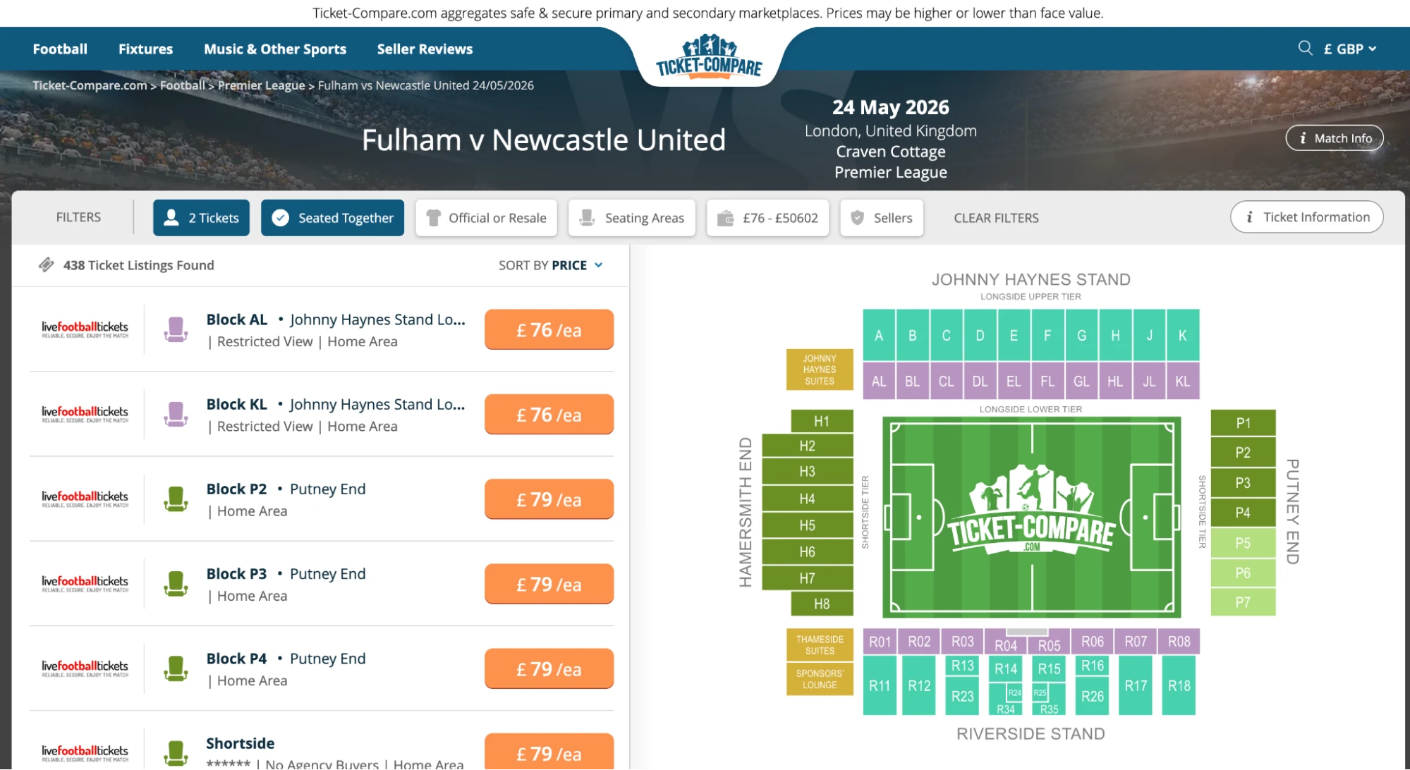 Screenshot of Fulham v Newcastle United tickets page