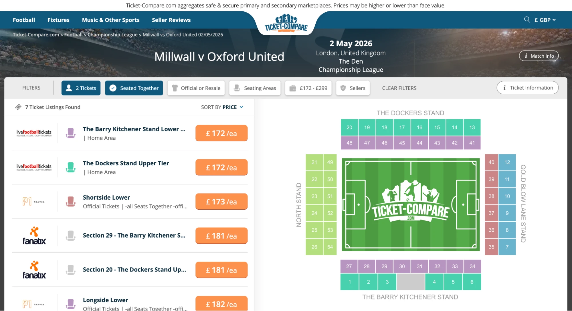 Screenshot of Millwall v Oxford United tickets page on Ticket-Compare.com