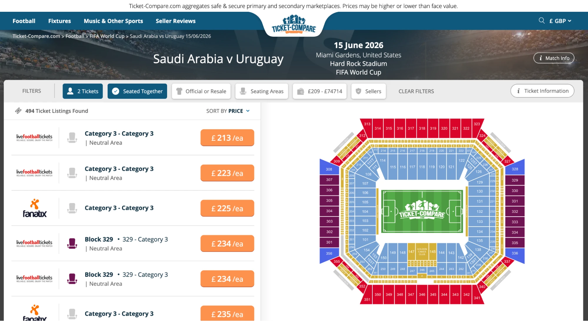 Screenshot of Saudi Arabia v Uruguay tickets page
