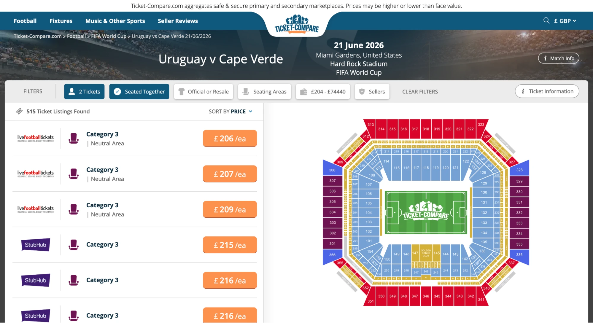 Screenshot of Uruguay v Cape Verde tickets page