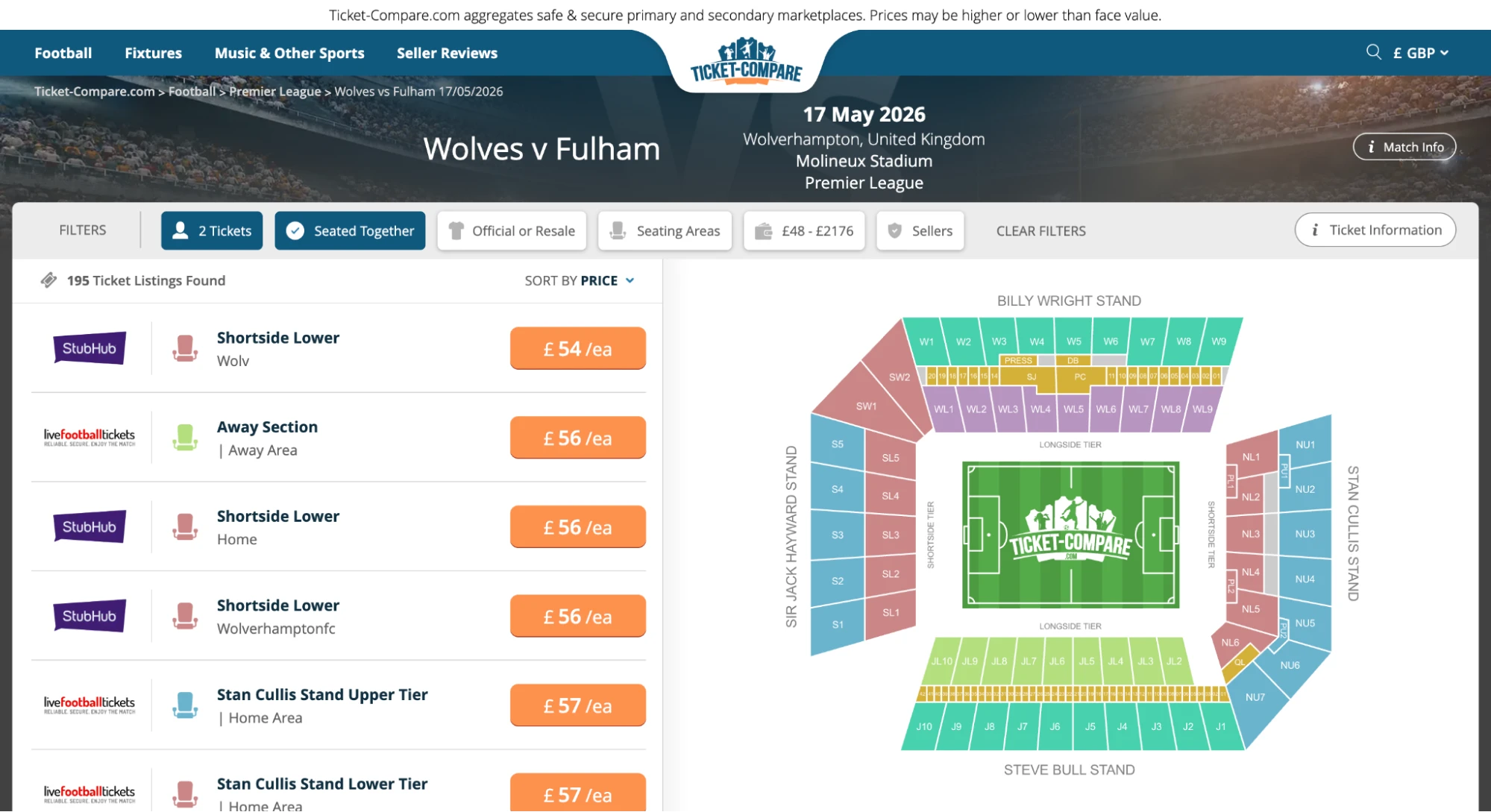 Screenshot of Wolves v Fulham tickets page