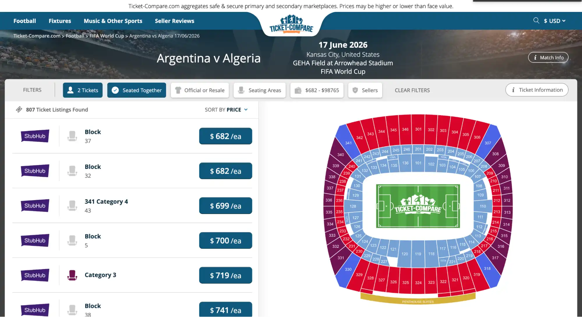 תצוגה של עמוד כרטיסים למשחק Argentina נגד Algeria