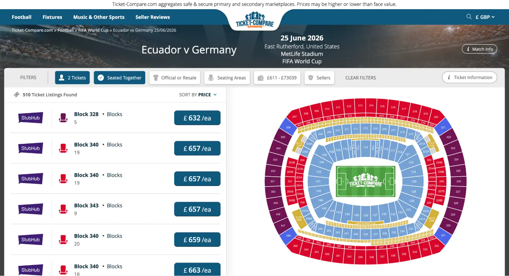 screenshot of Ecuador vs Germany match tickets page