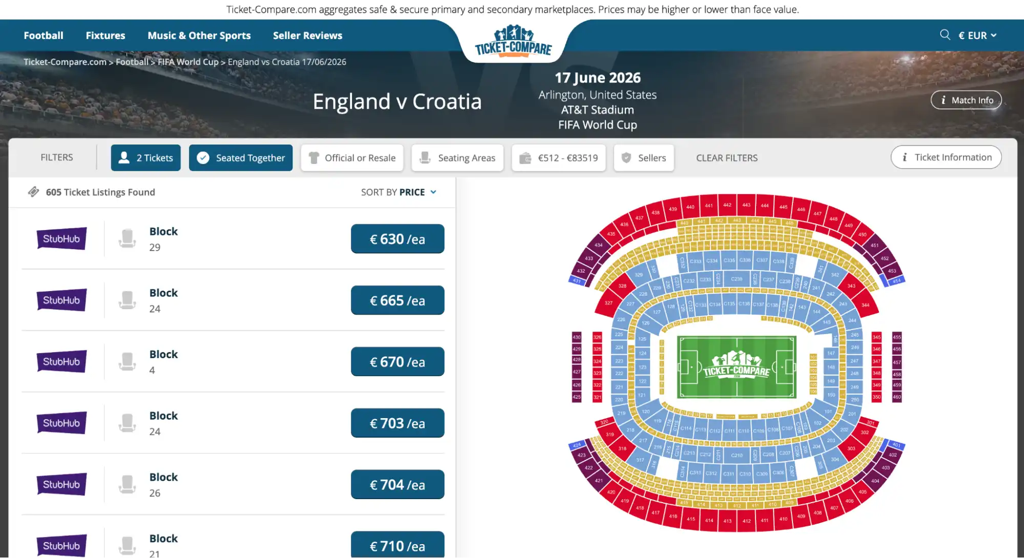 צילום מסך של עמוד כרטיסים למפגש England נגד Croatia