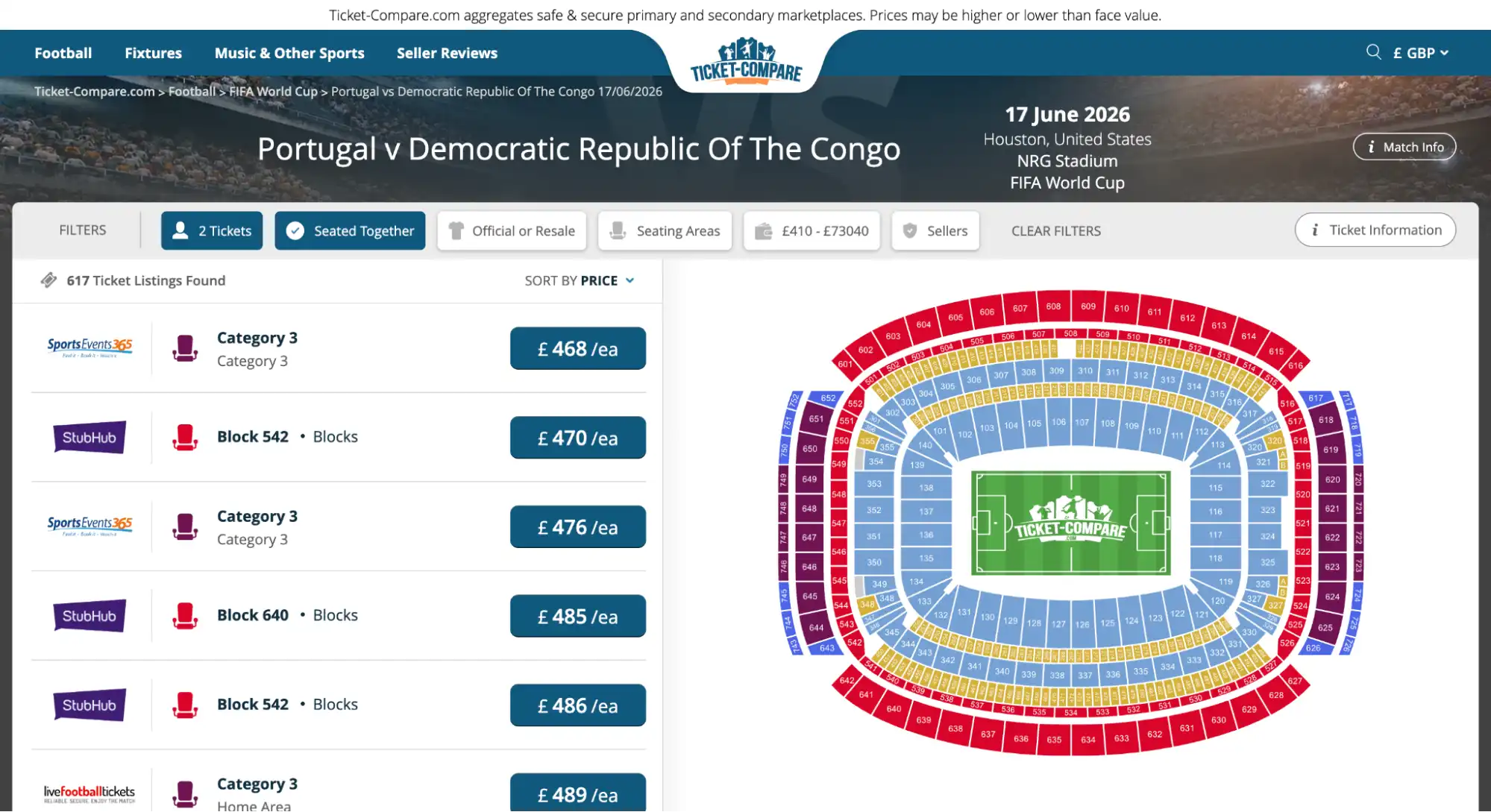 screenshot of Portugal vs DR Congo match tickets page on ticket-compare.com