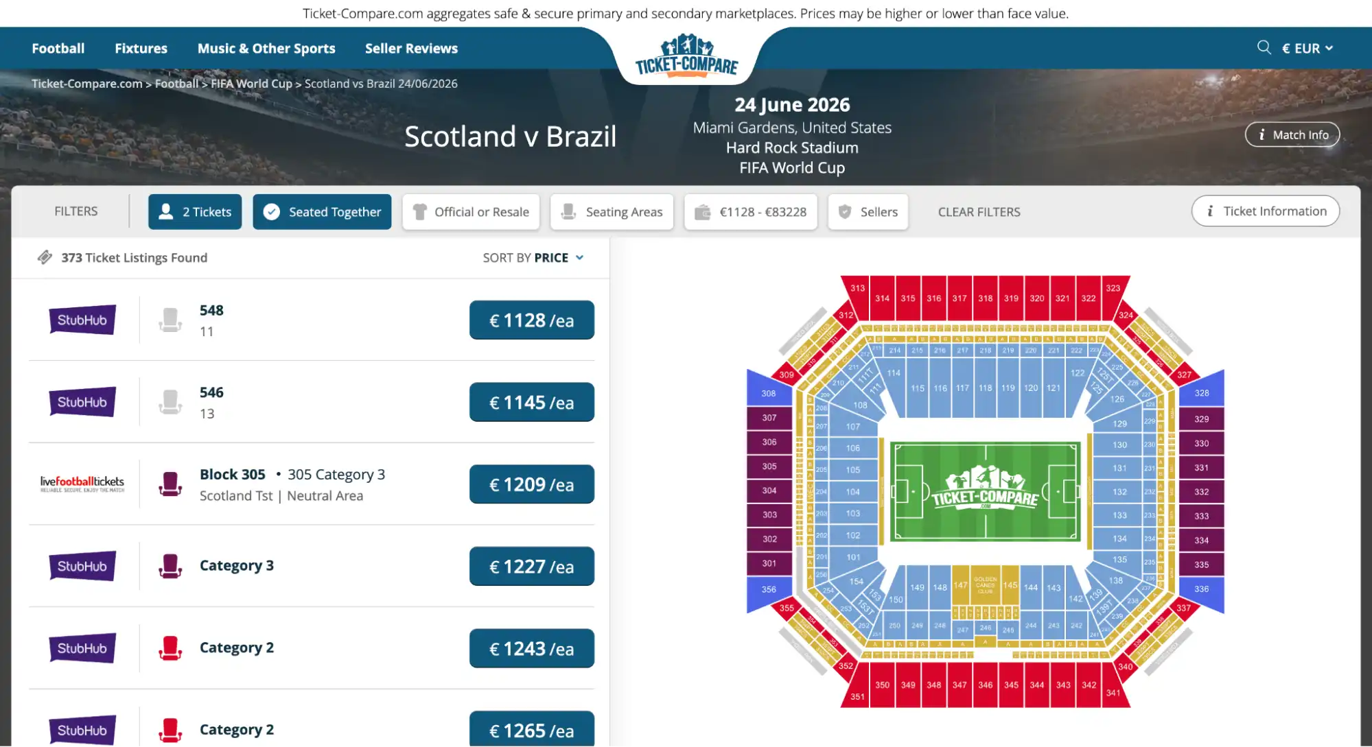 screenshot of Scotland vs Brazil match tickets page